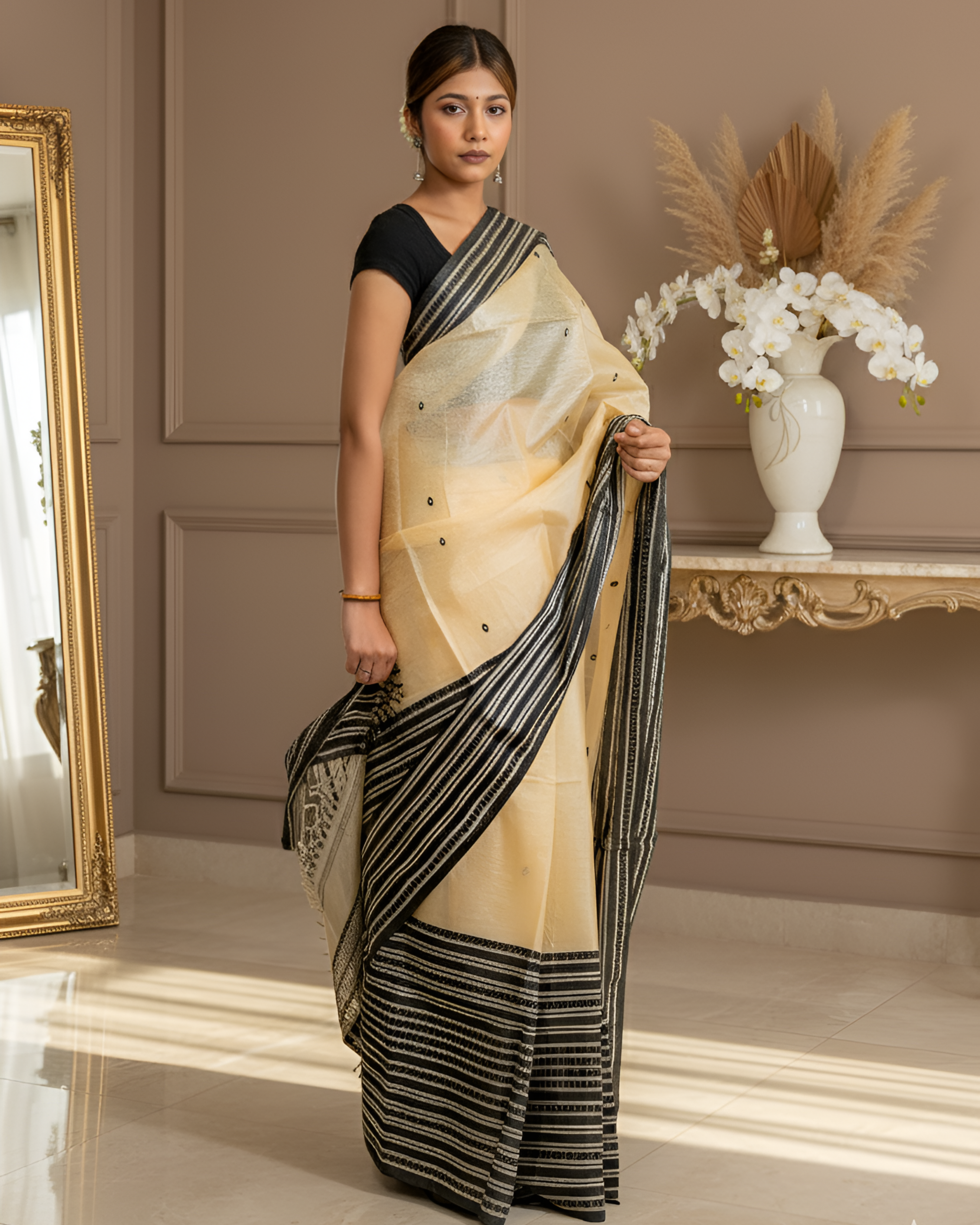 Vibrant Golden Tussar Saree with Traditional Assamese Motif & A Broad Woven Black Border With Blouse Piece