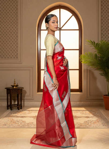 Red & Turquoise Border Chanderi Silk Saree with Kamdhenu Cow Motif in Silver With Blouse Piece