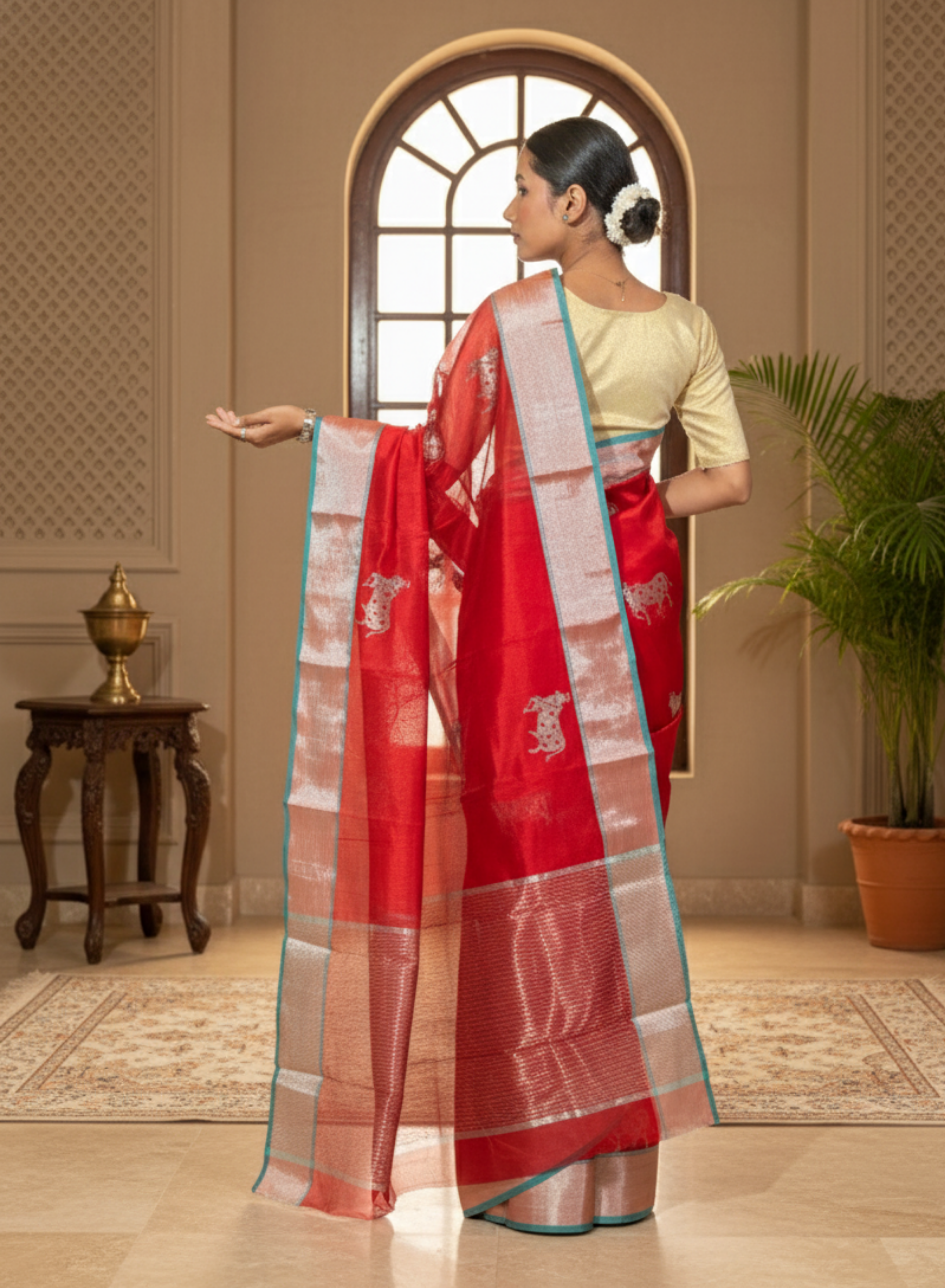 Red & Turquoise Border Chanderi Silk Saree with Kamdhenu Cow Motif in Silver With Blouse Piece