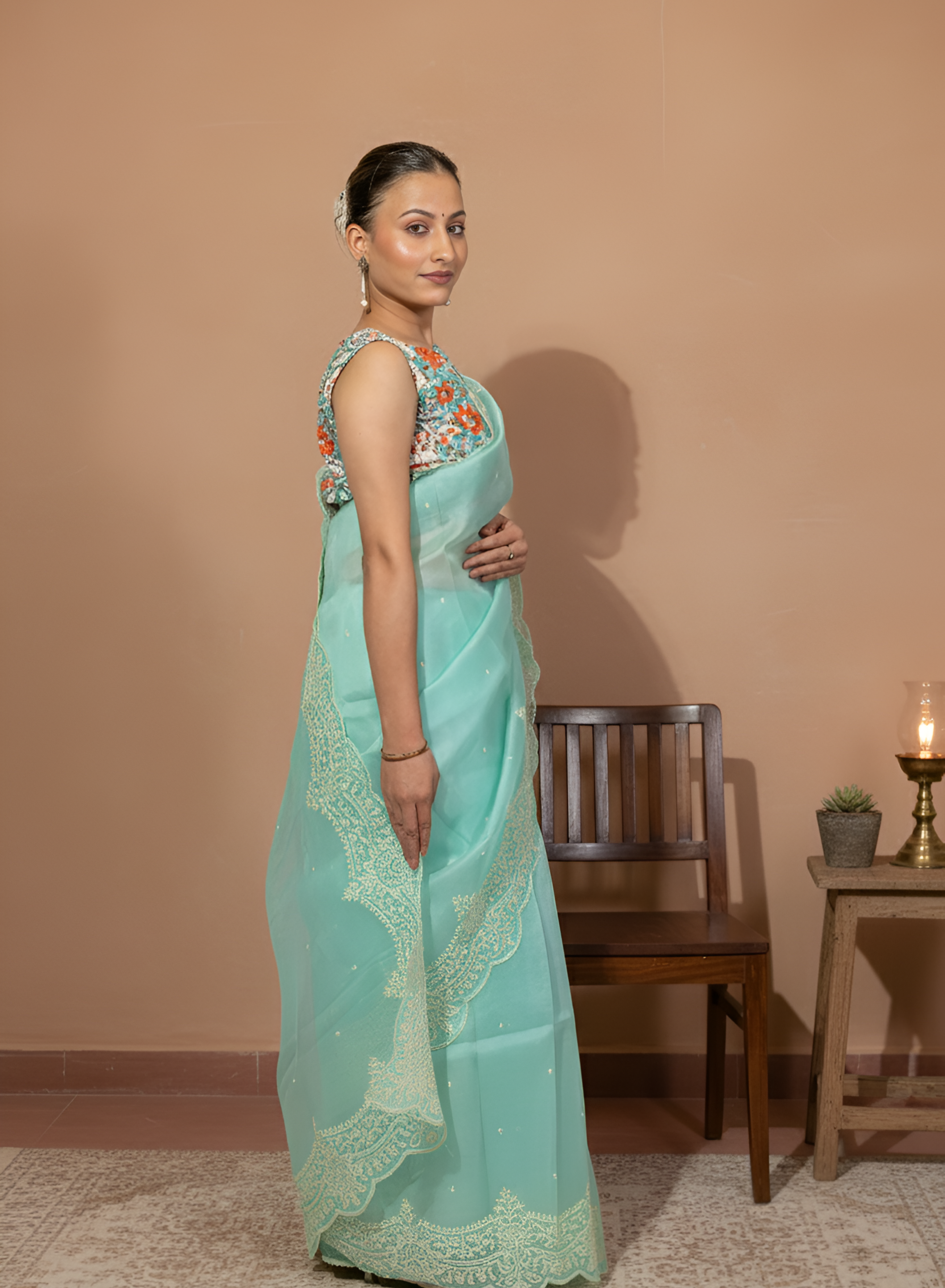 Pastel Turquoise Body with White Thread Pearl Work On Scalloped Border and Palla Pure Organza Silk Saree With Blouse Piece