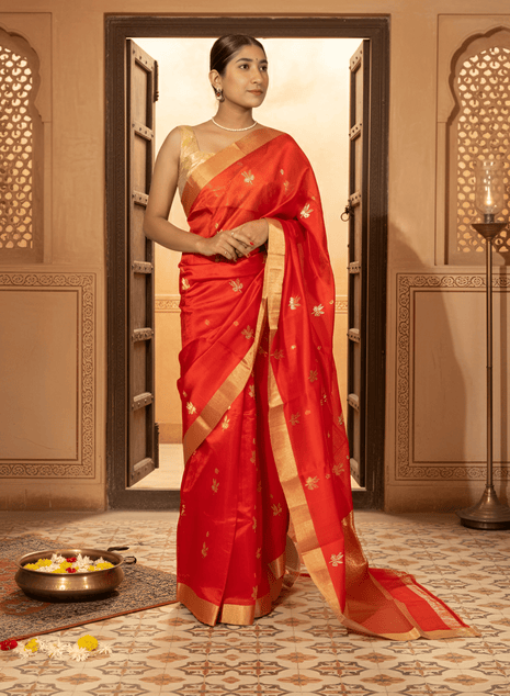 Vermillion Red & Gold Butti Mashroo Silk Chanderi Saree With Blouse Piece