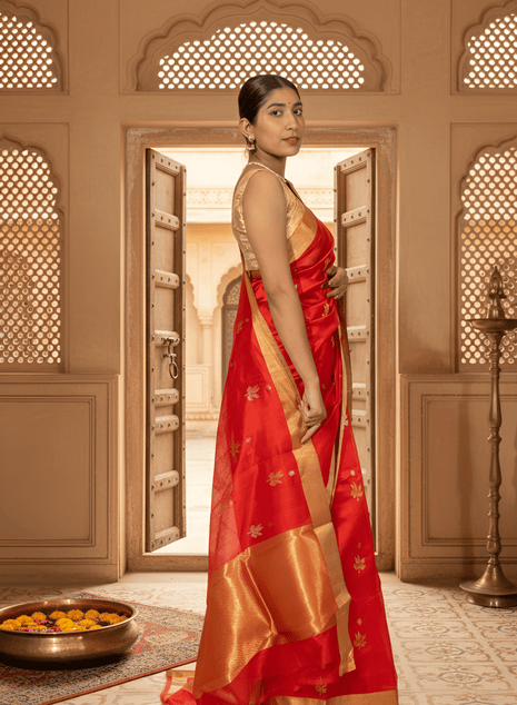 Vermillion Red & Gold Butti Mashroo Silk Chanderi Saree With Blouse Piece