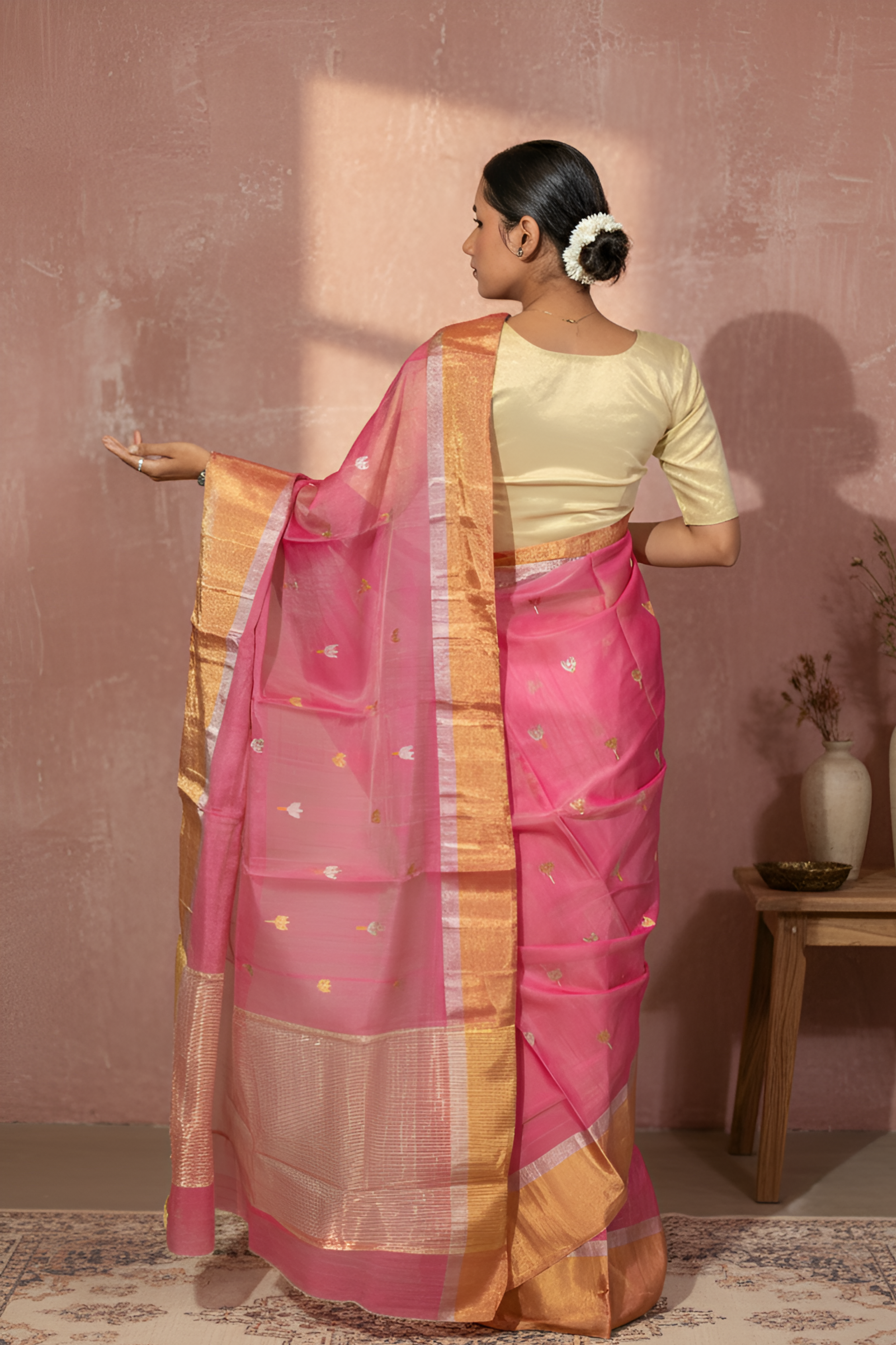 Shimmering Light Pink Gold & Silver Butti on Chanderi Silk Saree With Blouse Piece