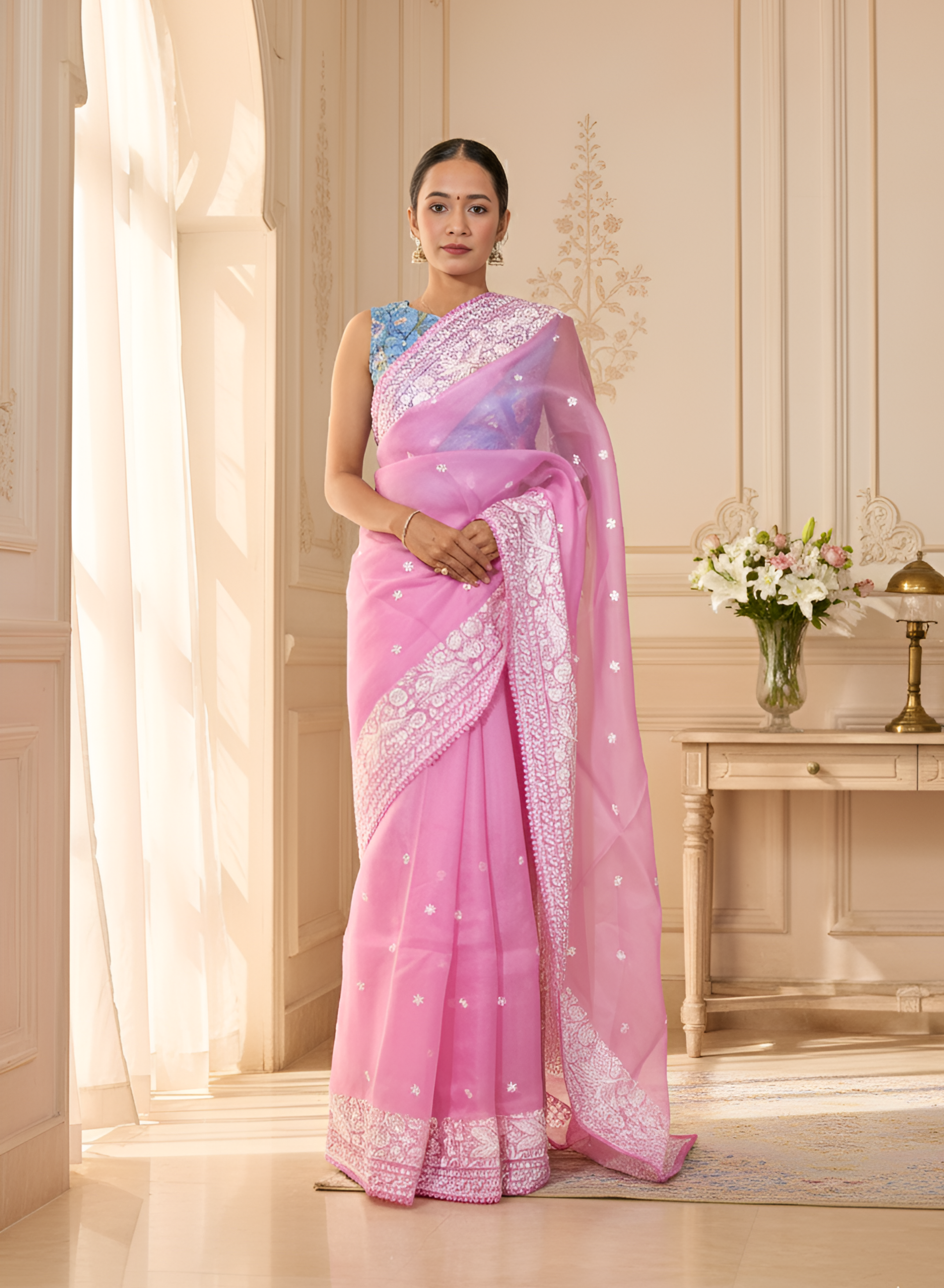 Pink Parsi Work on Pure Orangza Silk Saree With Blouse Piece