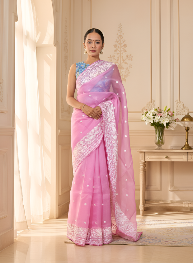 Pink Parsi Work on Pure Orangza Silk