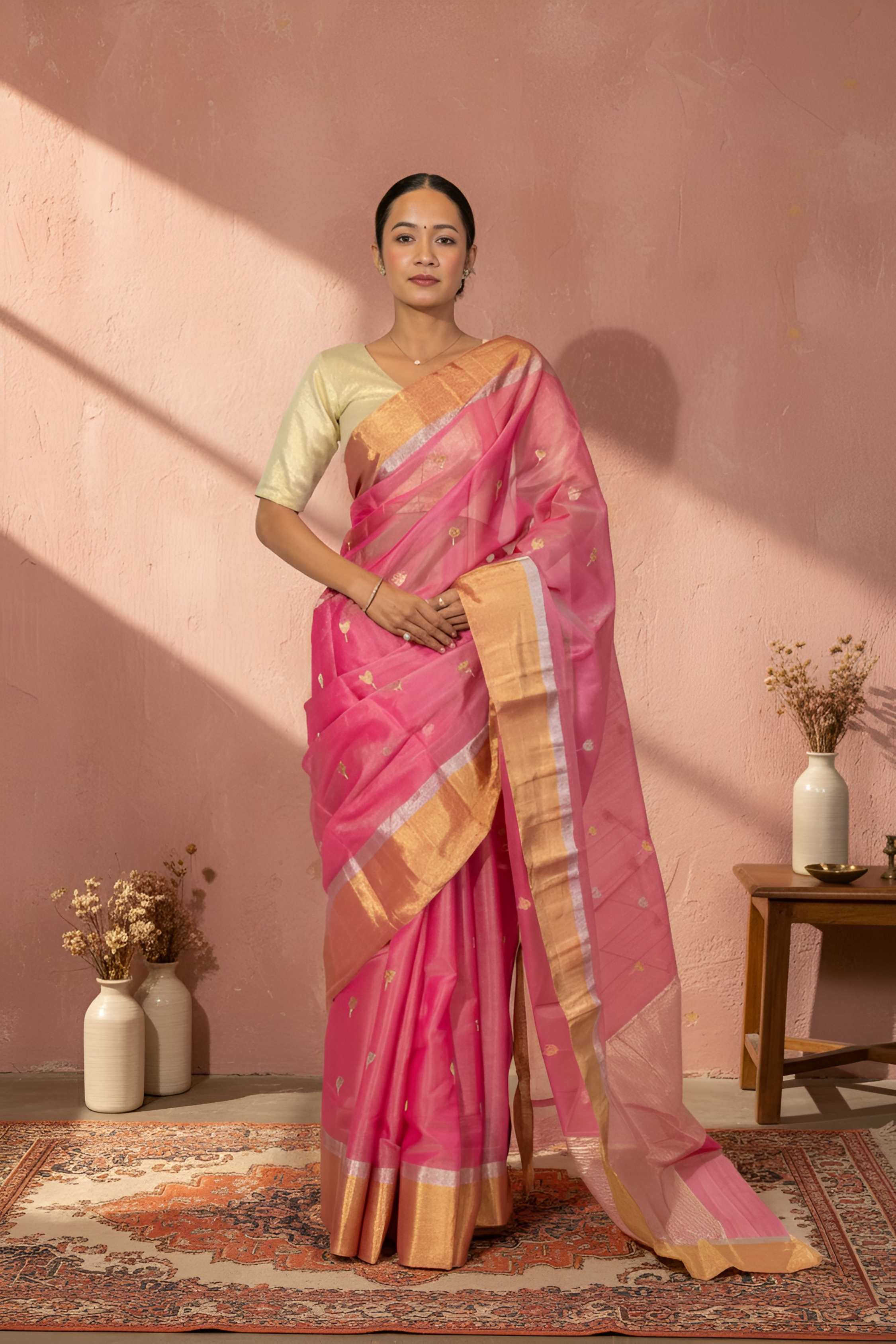 Shimmering Light Pink Gold & Silver Butti on Chanderi Silk Saree With Blouse Piece