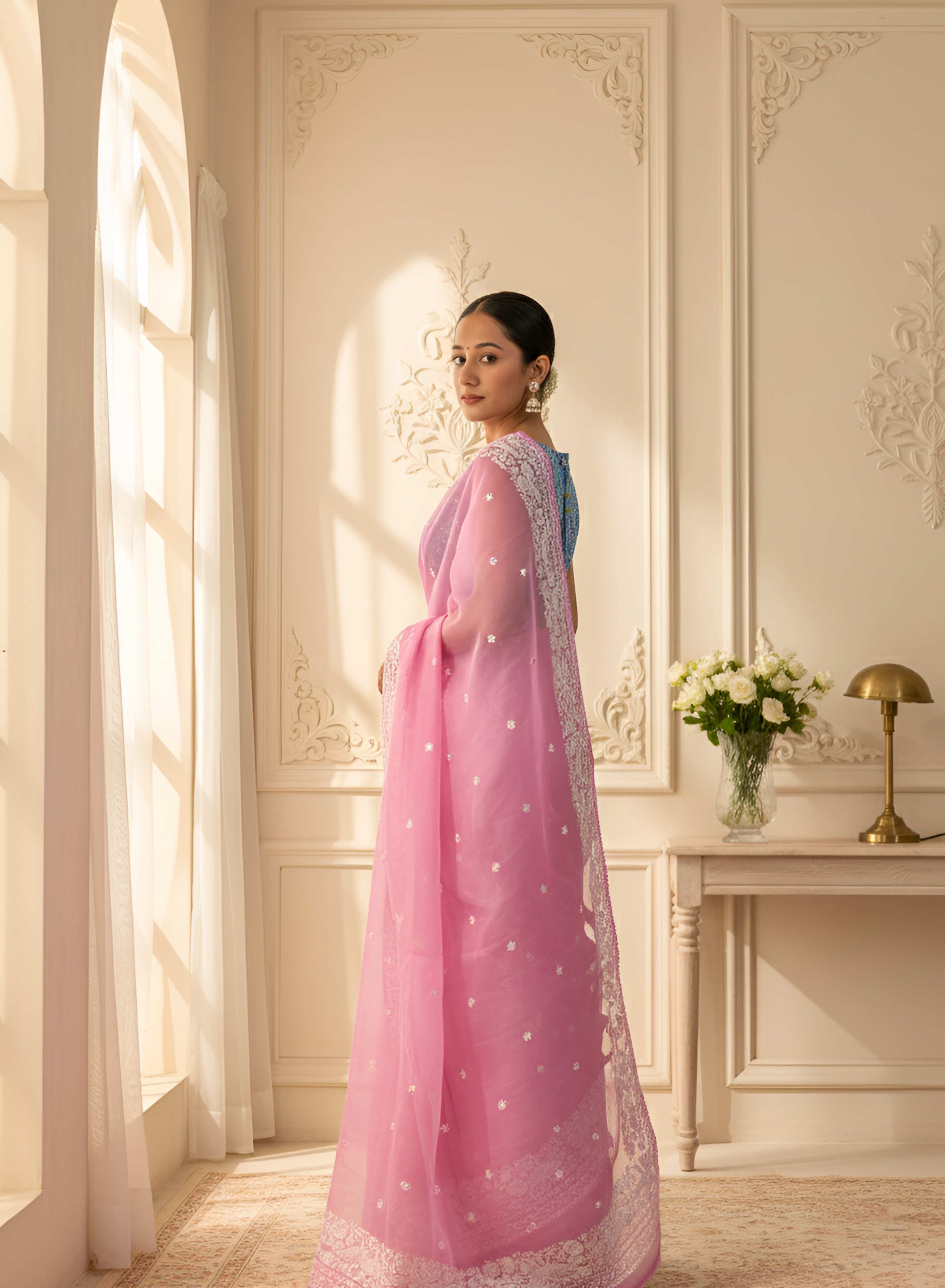 Pink Parsi Work on Pure Orangza Silk Saree With Blouse Piece