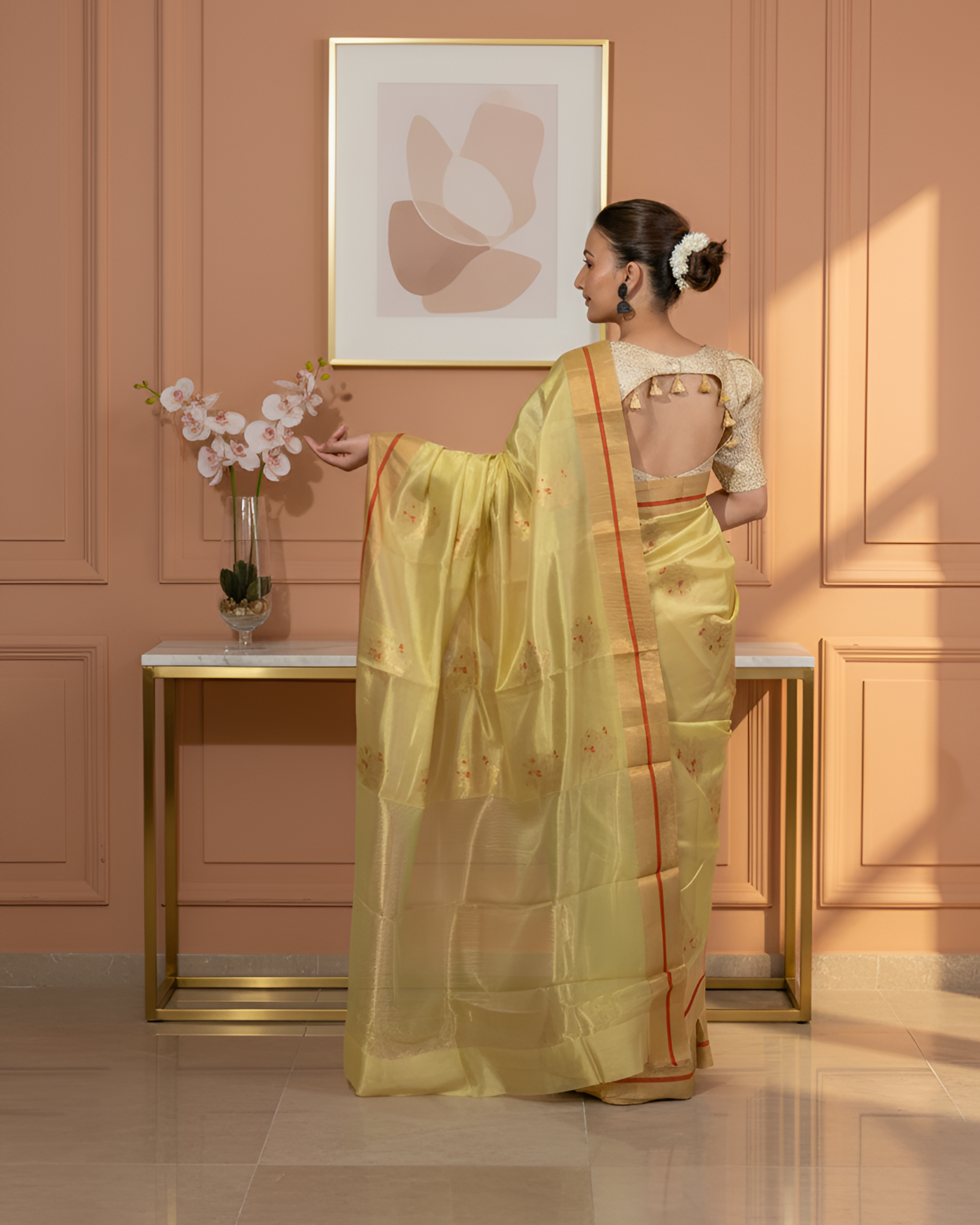 Light Leafy Green Mashroo Silk Chanderi Silk Saree with Bird Motifs With Blouse Piece