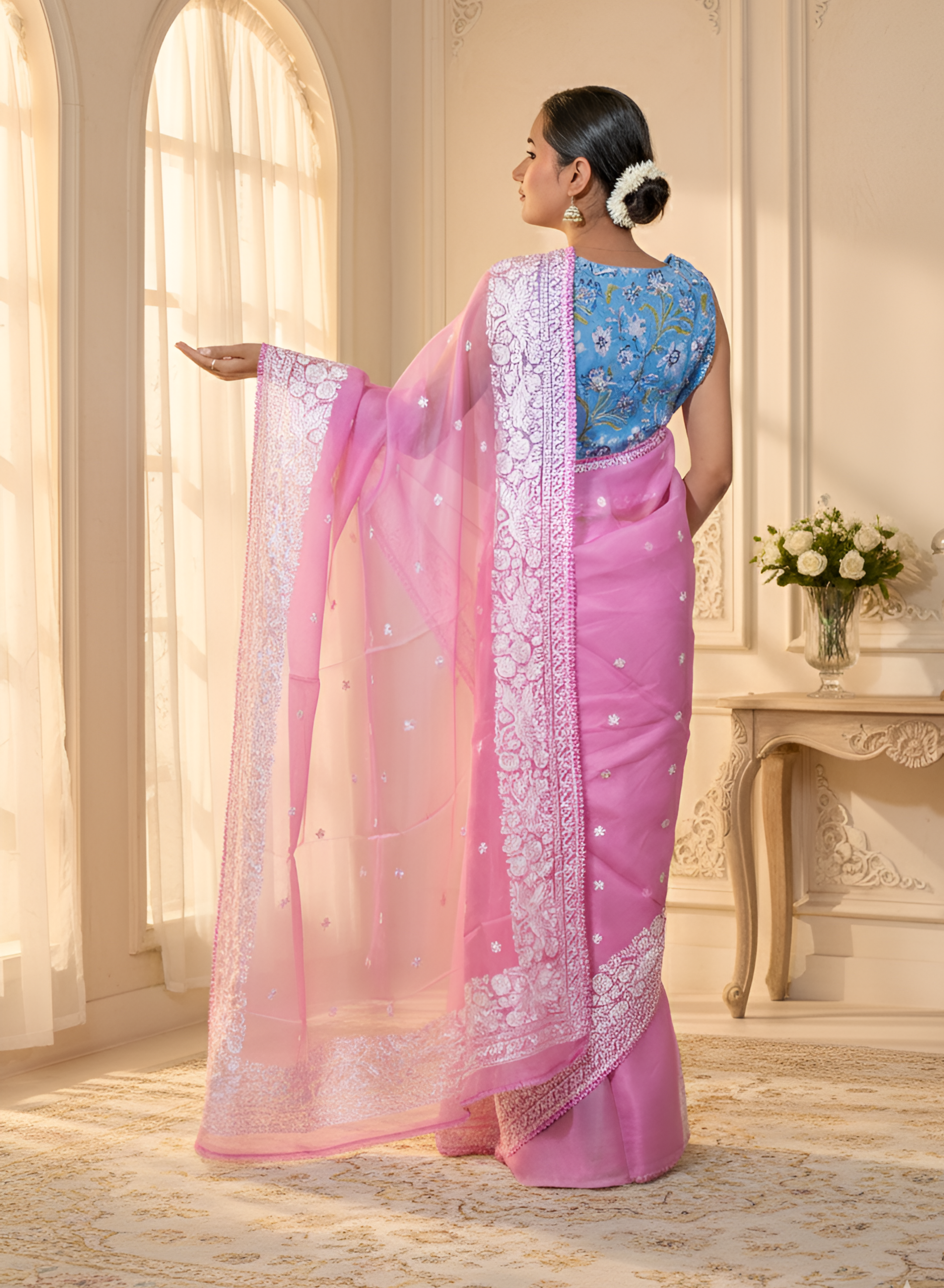 Pink Parsi Work on Pure Orangza Silk Saree With Blouse Piece