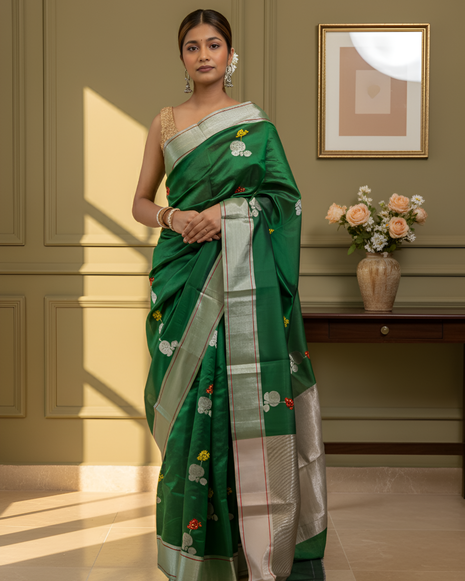 Thread Work On Vibrant Green Mashroo Silk Chanderi Saree With Blouse Piece