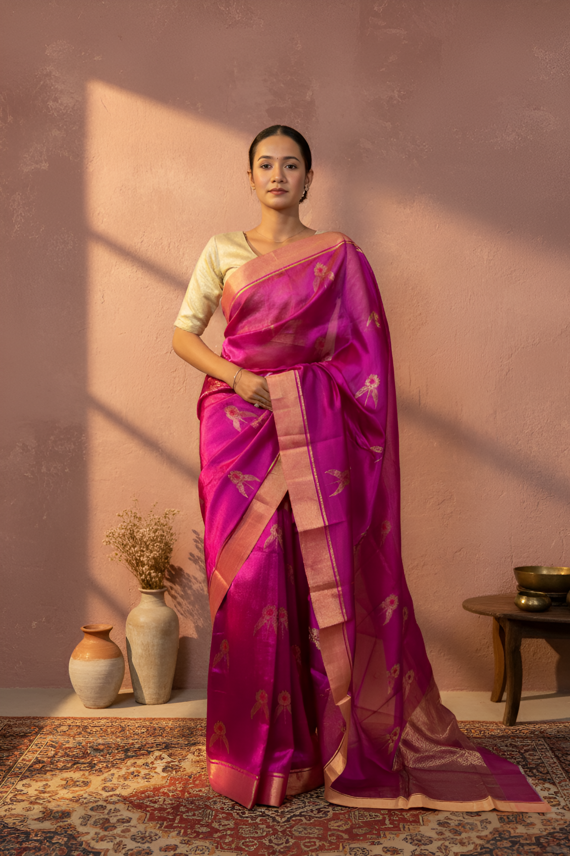 Bright Violet & Golden Butti Mashroo Silk Chanderi Saree With Blouse Piece