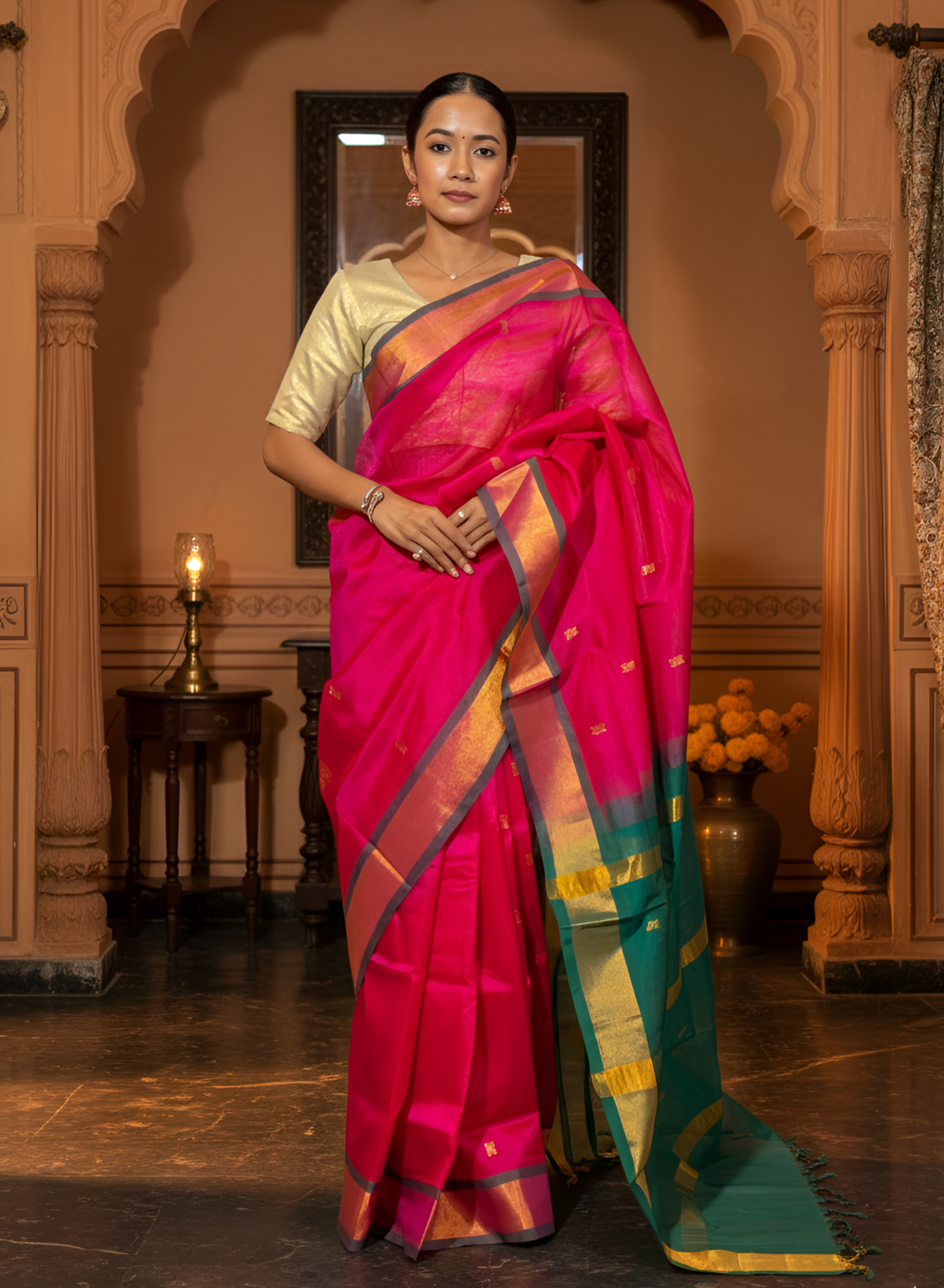 Rani Pink & Verdant Green Paturi Silk Saree With Blouse Piece