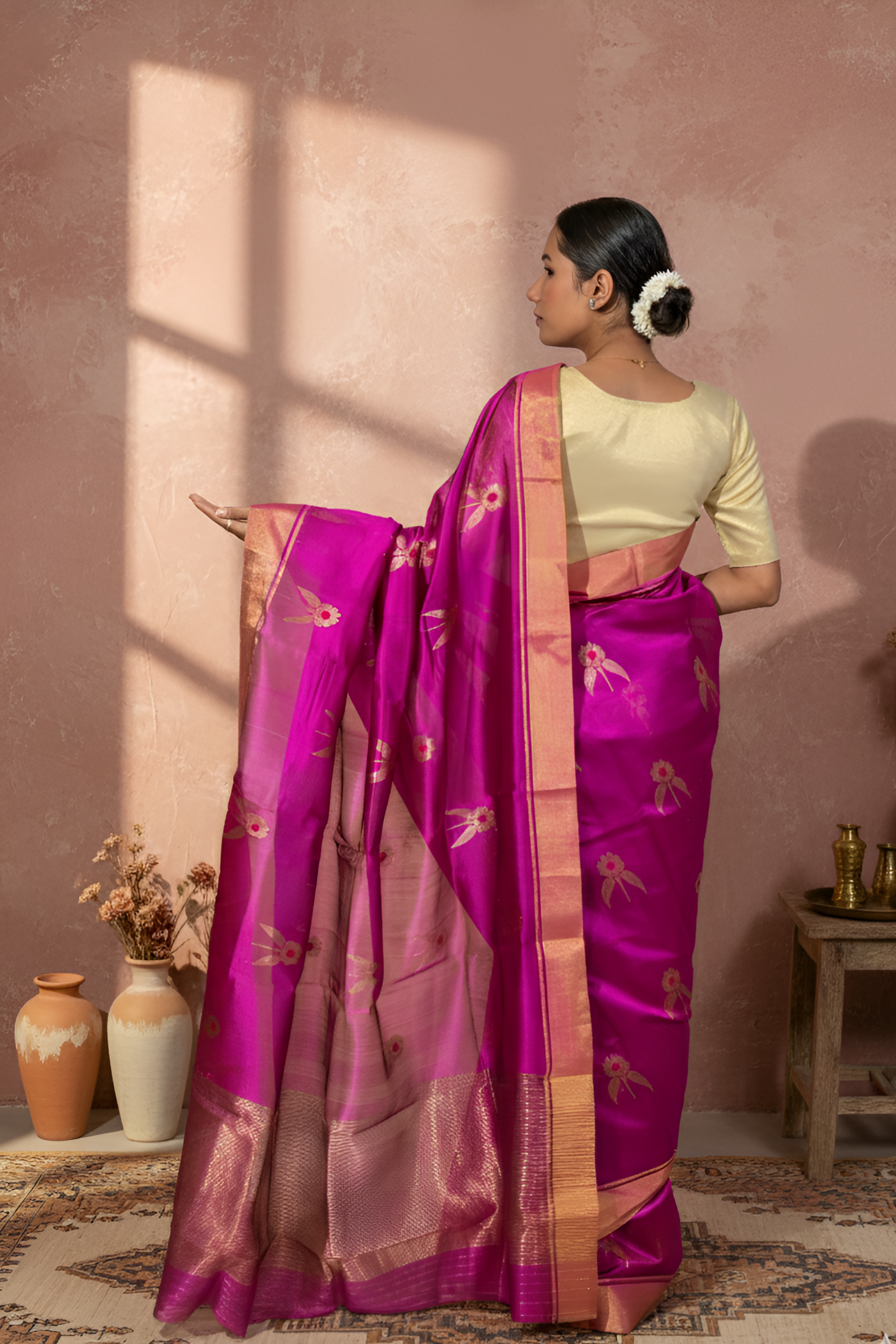 Bright Violet & Golden Butti Mashroo Silk Chanderi Saree With Blouse Piece