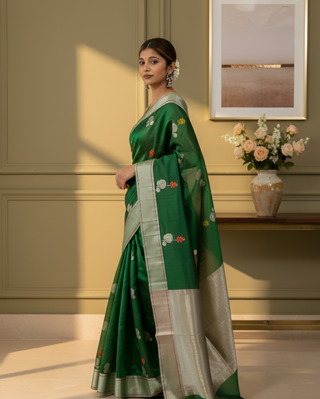 Thread Work On Vibrant Green Mashroo Silk Chanderi Saree With Blouse Piece