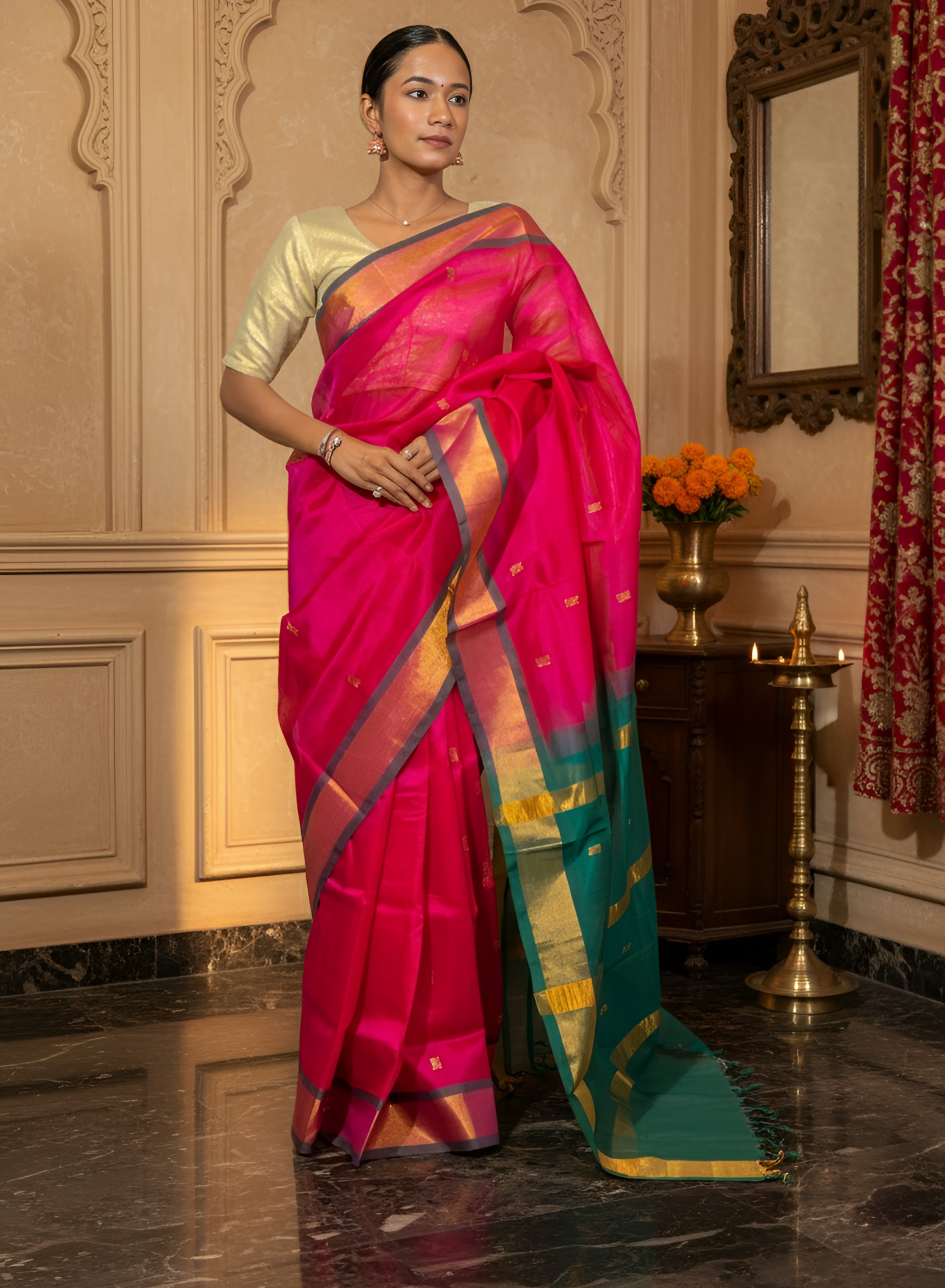 Rani Pink & Verdant Green Paturi Silk Saree With Blouse Piece