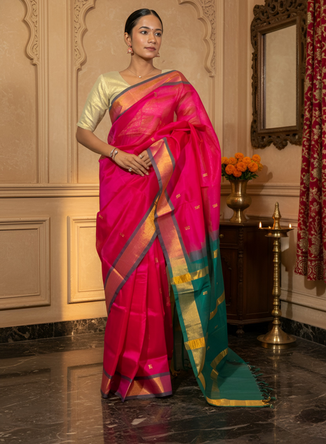 Rani Pink & Verdant Green Paturi Silk Saree With Blouse Piece