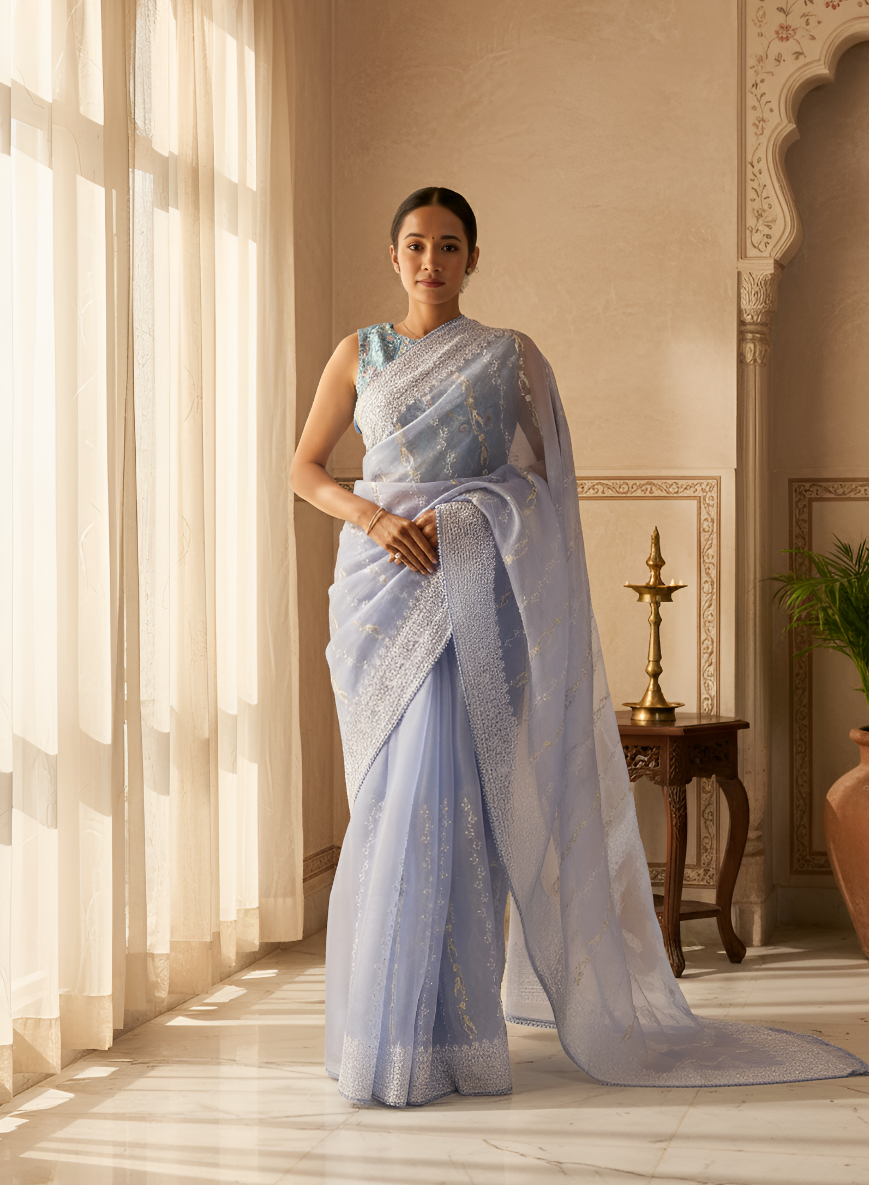Delicate Blue Pure Organza Silk Saree, Embroidered with White & Silver Thread, with the Lace Border With Blouse Piece