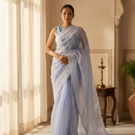 Delicate Blue Pure Organza Silk, Embroidered with White & Silver Thread, with the Lace Border