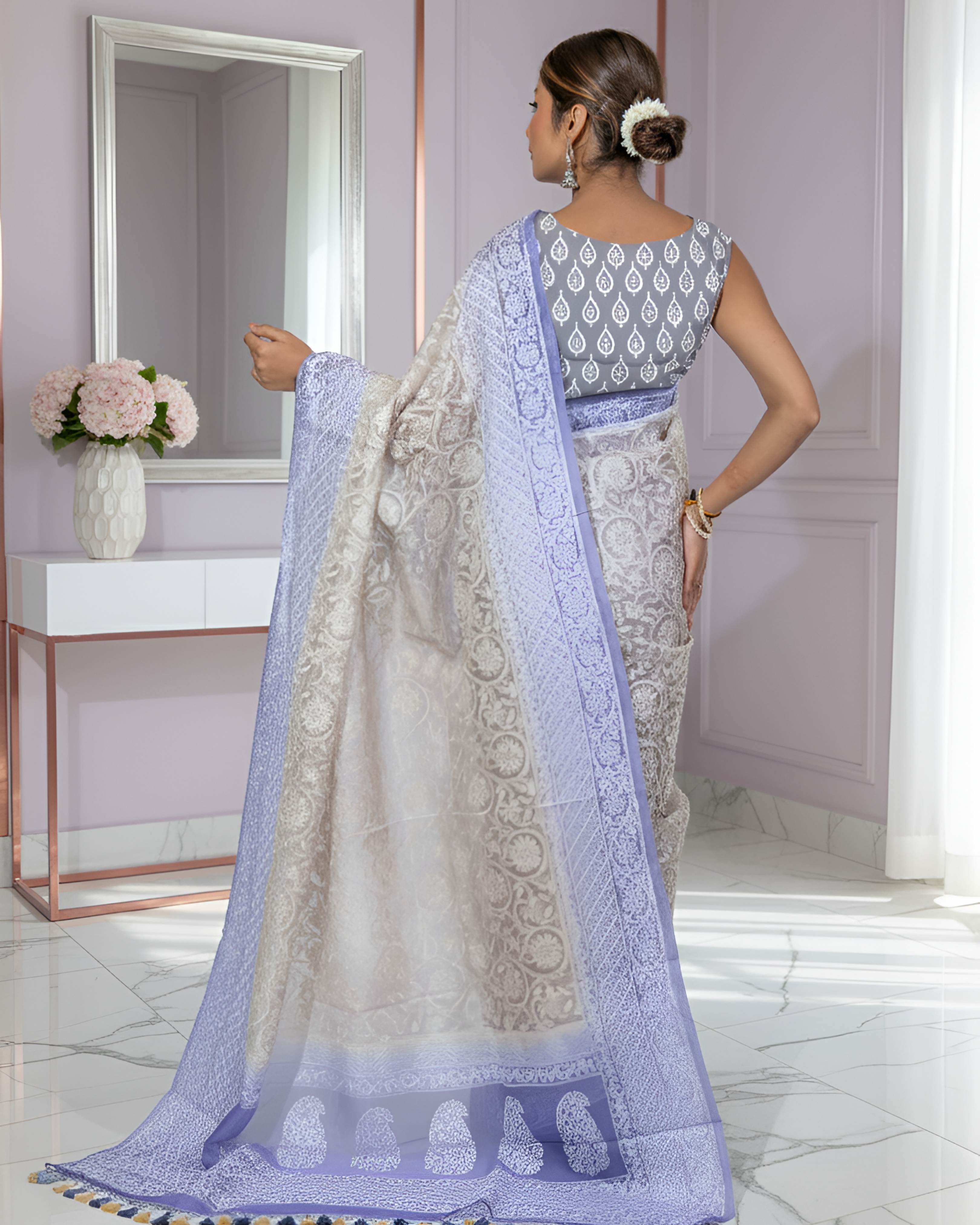 Pastel Coffee & Blue Chikankari Pure Organza Silk Saree With Blouse Piece
