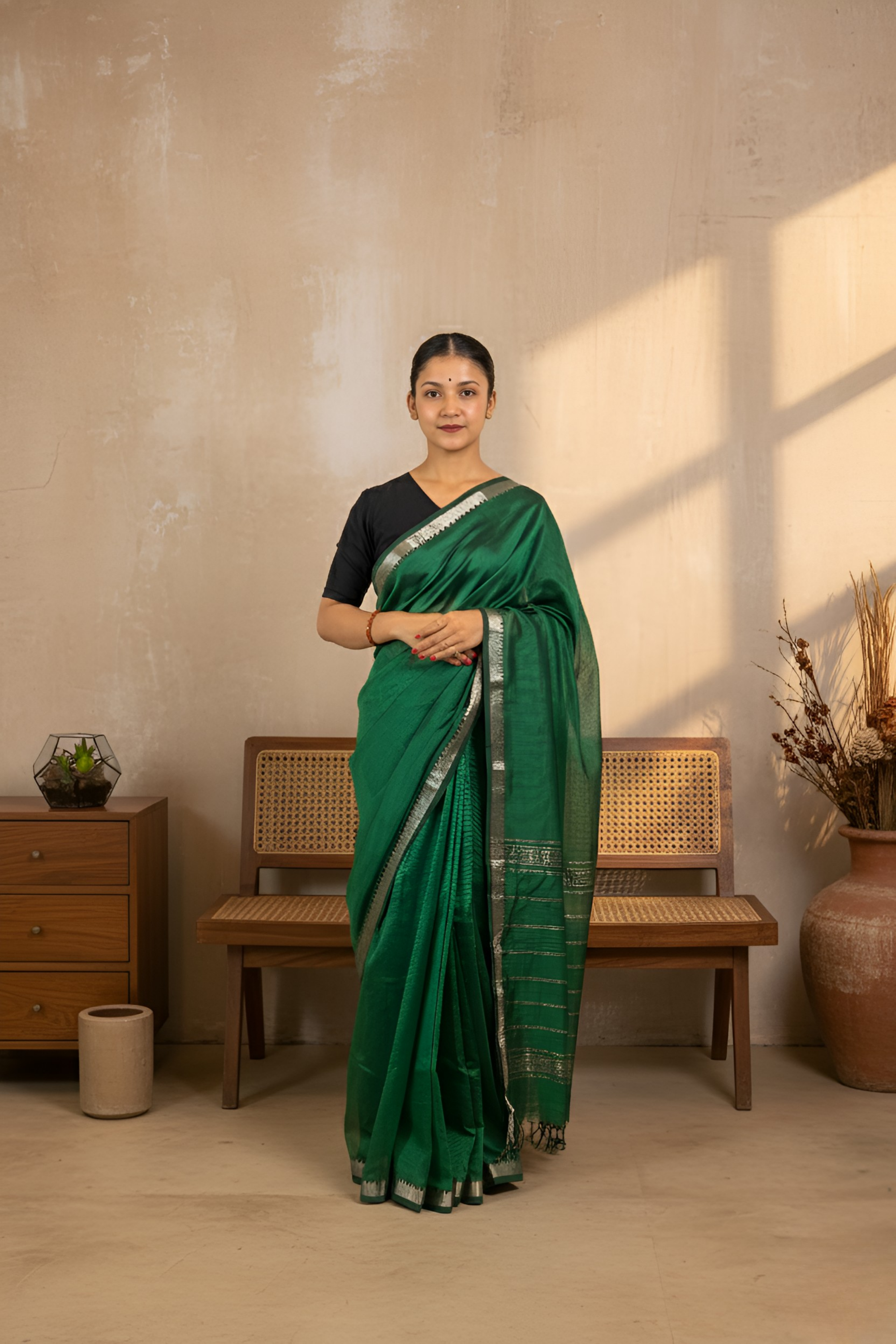 Dark Green Mangalagiri Pattu Saree With Blouse Piece
