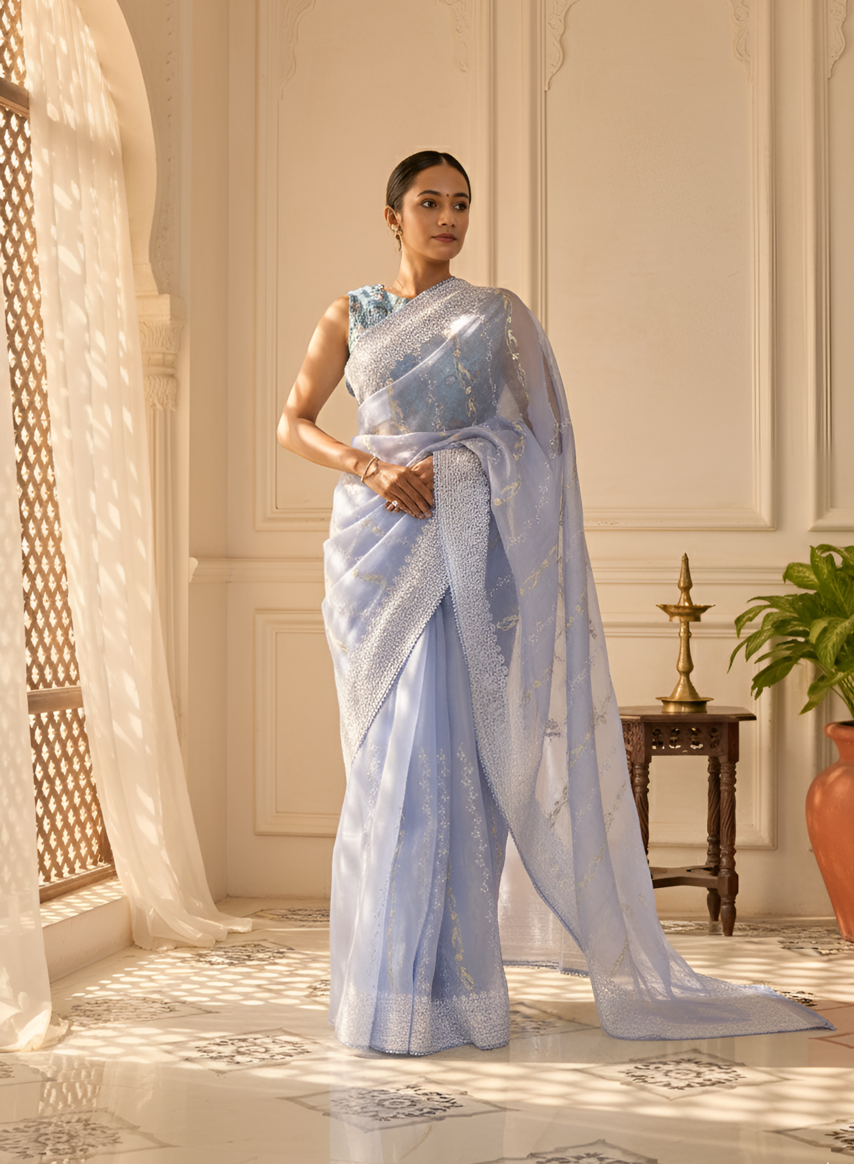 Delicate Blue Pure Organza Silk Saree, Embroidered with White & Silver Thread, with the Lace Border With Blouse Piece