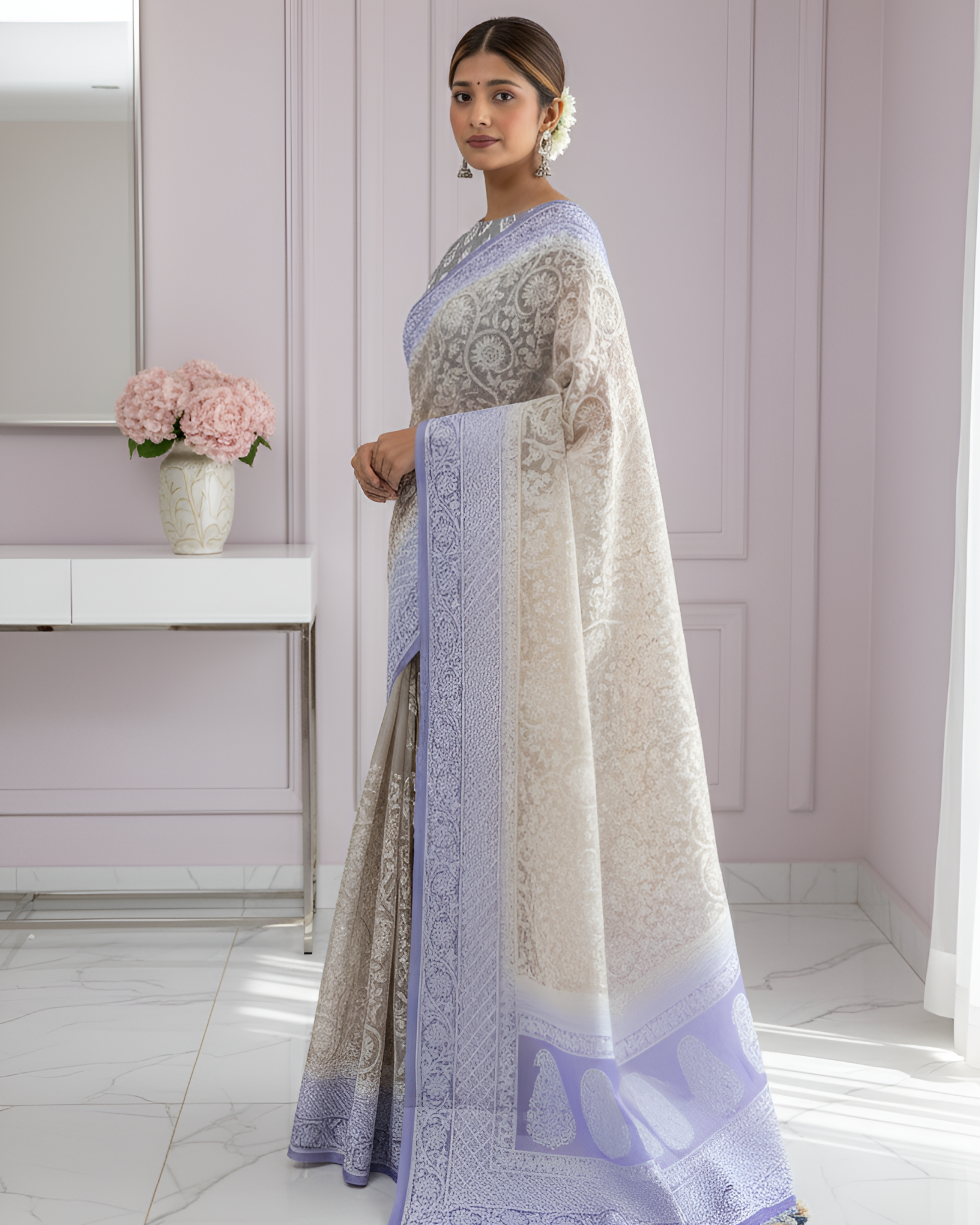 Pastel Coffee & Blue Chikankari Pure Organza Silk Saree With Blouse Piece