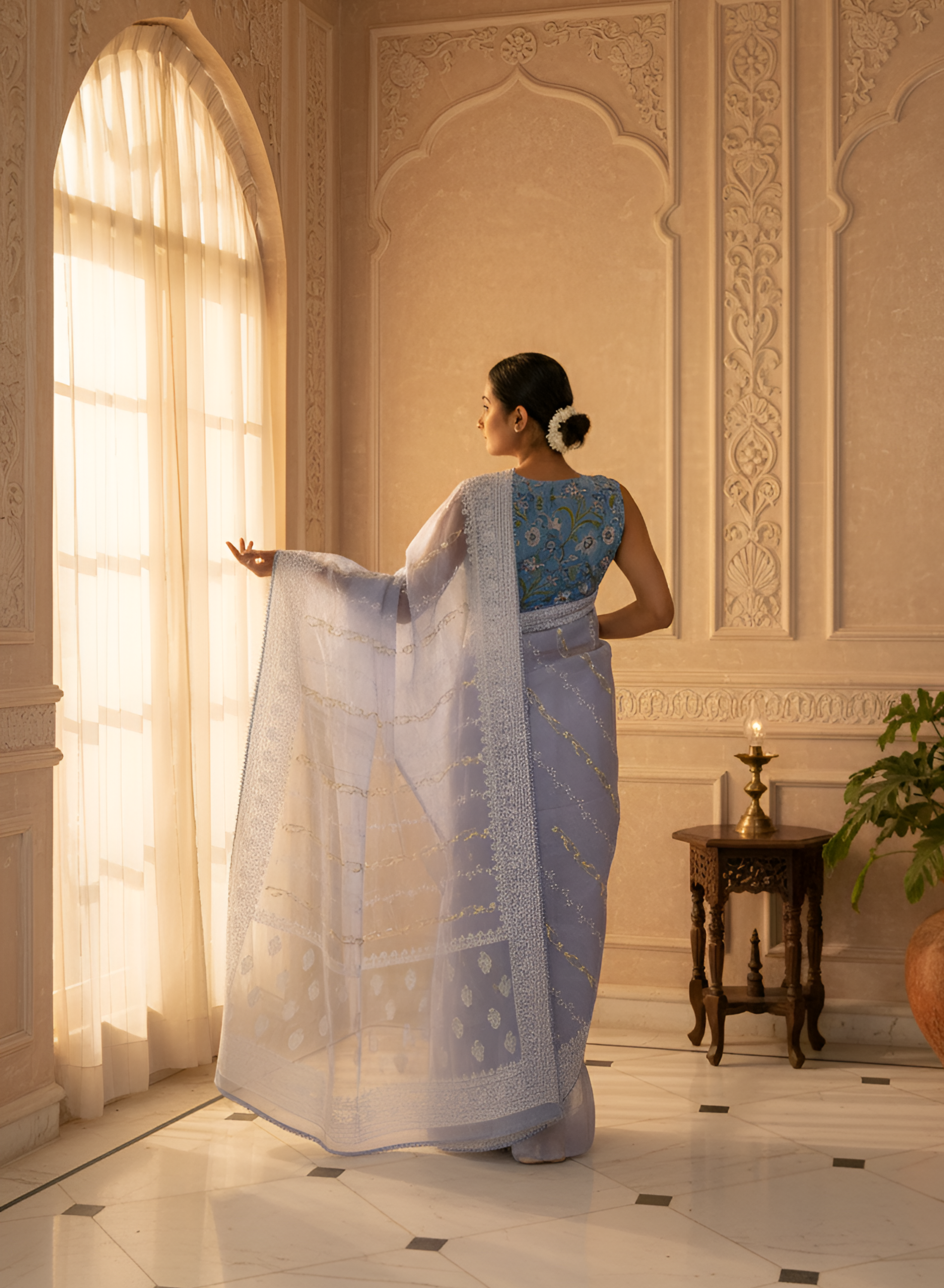 Delicate Blue Pure Organza Silk Saree, Embroidered with White & Silver Thread, with the Lace Border With Blouse Piece