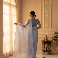 Delicate Blue Pure Organza Silk, Embroidered with White & Silver Thread, with the Lace Border