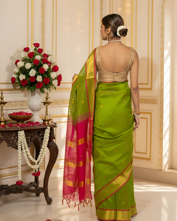 Vibrant Green with Rani Pink Golden Paturi Silk