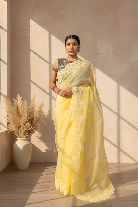 Pastel Lemon Yellow Body with White Thread Pearl Work on Scalloped Border & Palla Pure Organza Saree With Blouse Piece