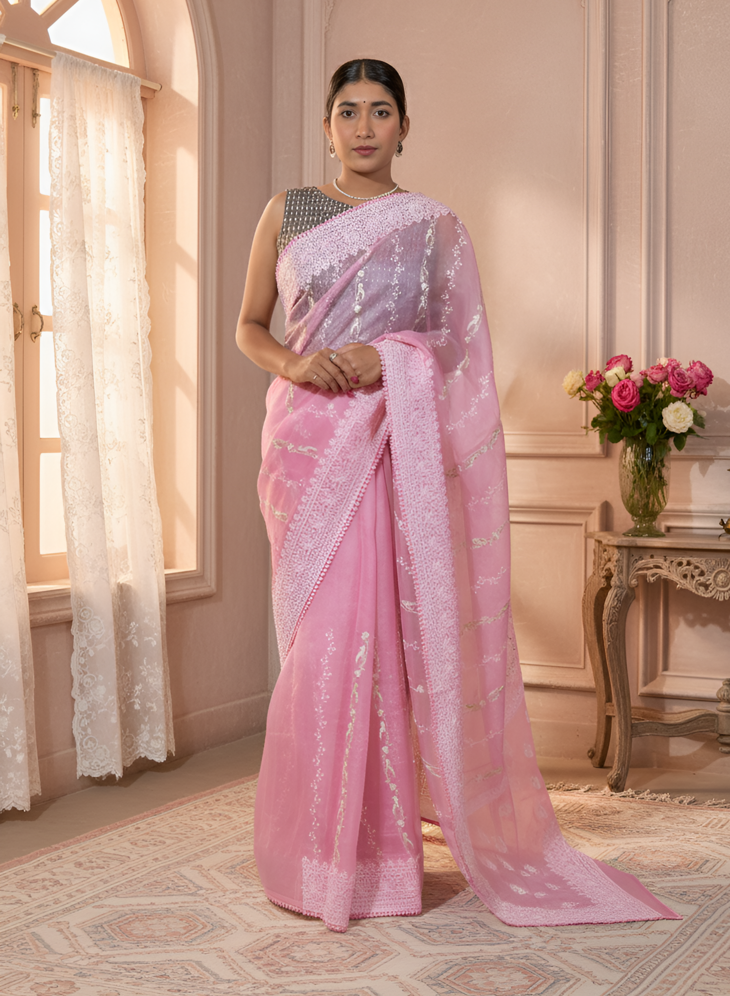 Delicate Pink Pure Organza Silk Saree, Embroidered with White & Silver Thread, with the Lace Border With Blouse Piece