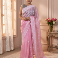 Delicate Pink Pure Organza Silk, Embroidered with White & Silver Thread, with the Lace Border