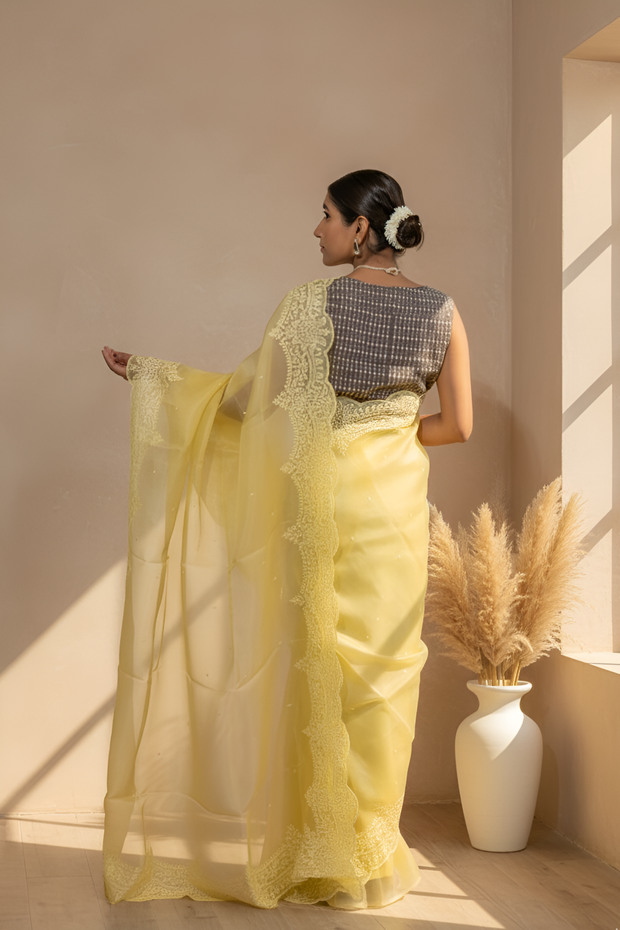 Pastel Lemon Yellow Body with White Thread Pearl Work on Scalloped Border & Palla Pure Organza