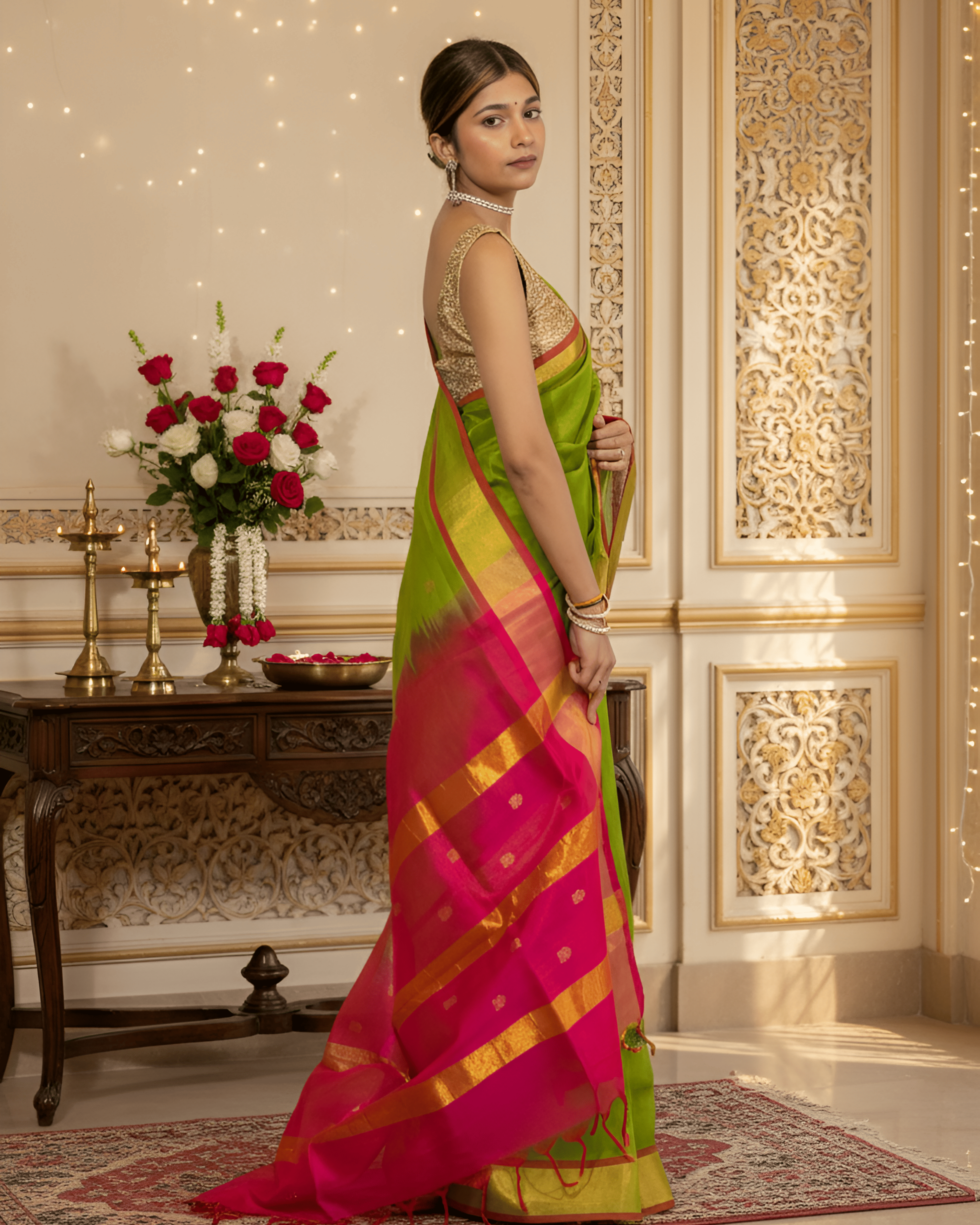 Vibrant Green with Rani Pink Golden Paturi Silk Saree With Blouse Piece