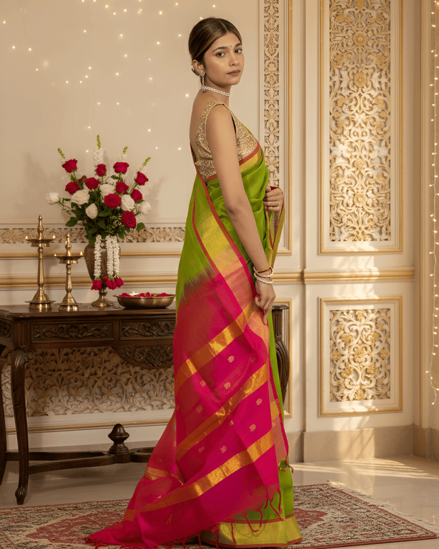 Vibrant Green with Rani Pink Golden Paturi Silk