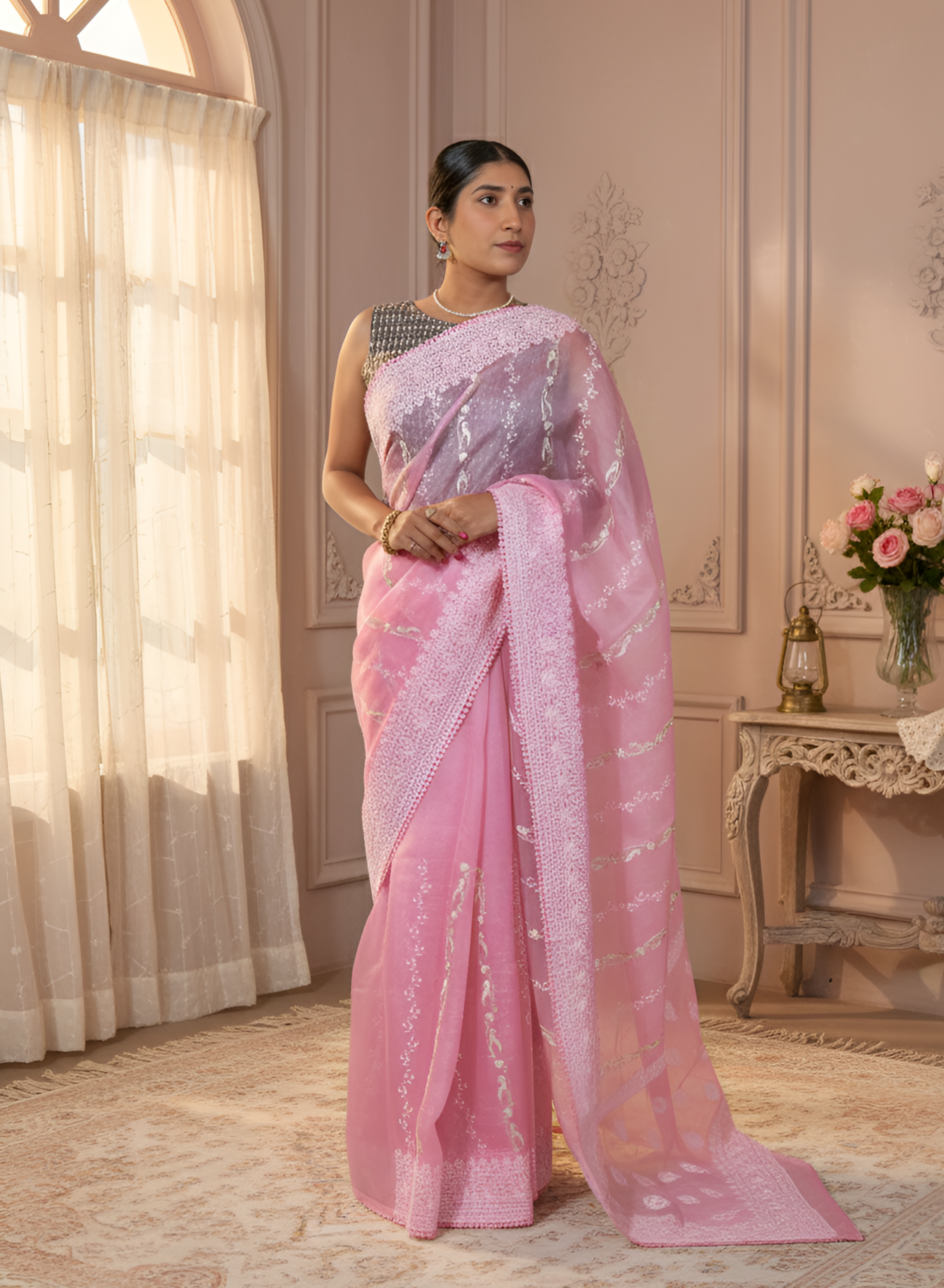 Delicate Pink Pure Organza Silk Saree, Embroidered with White & Silver Thread, with the Lace Border With Blouse Piece