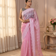 Delicate Pink Pure Organza Silk, Embroidered with White & Silver Thread, with the Lace Border