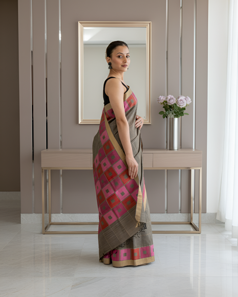 Check Grey and Pink Tussar Silk Saree With Blouse Piece