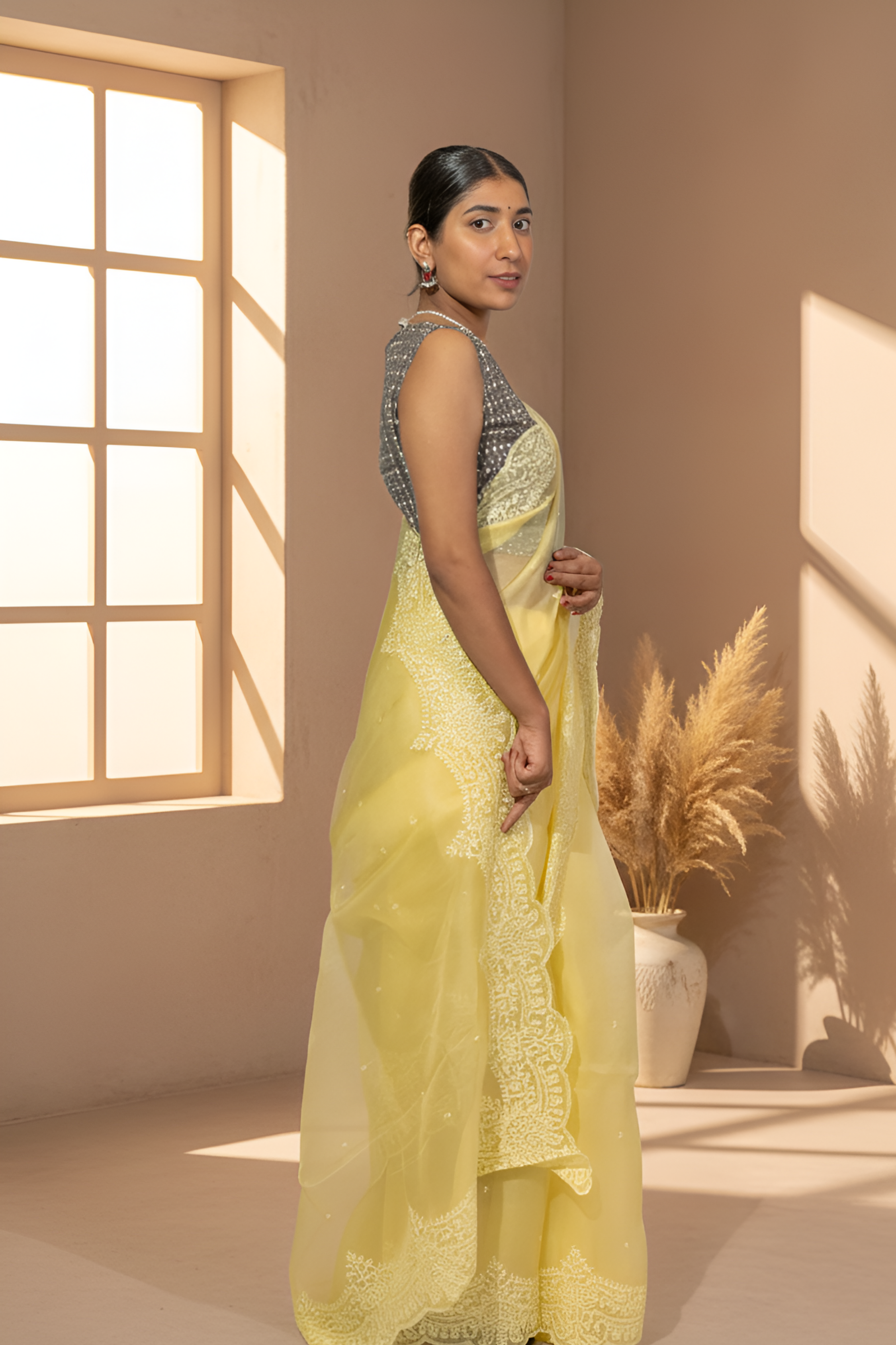Pastel Lemon Yellow Body with White Thread Pearl Work on Scalloped Border & Palla Pure Organza Saree With Blouse Piece