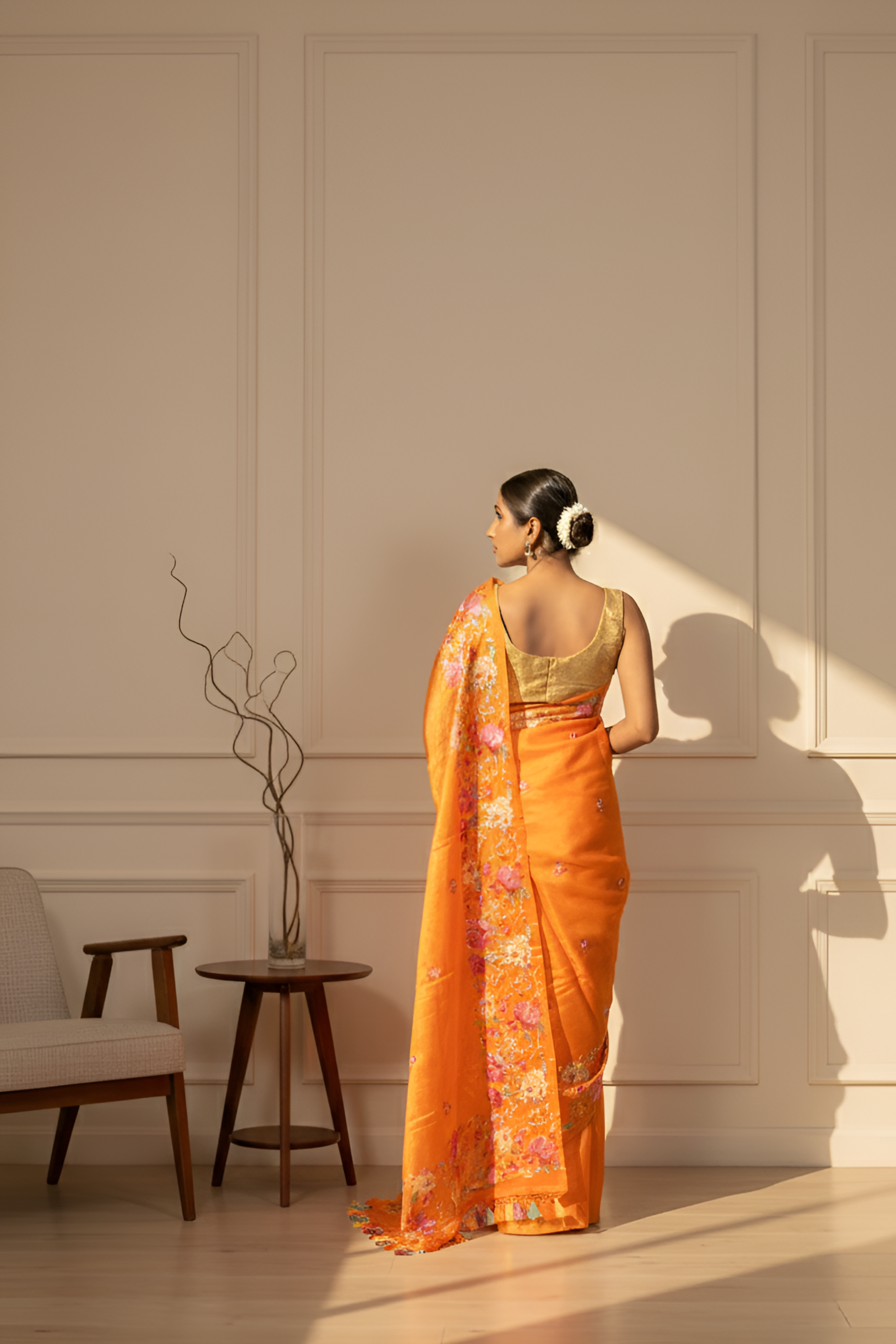 Beautiful Parsi Embroidery on Bright Orange Tussar Silk Saree With Blouse Piece