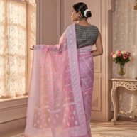 Delicate Pink Pure Organza Silk, Embroidered with White & Silver Thread, with the Lace Border