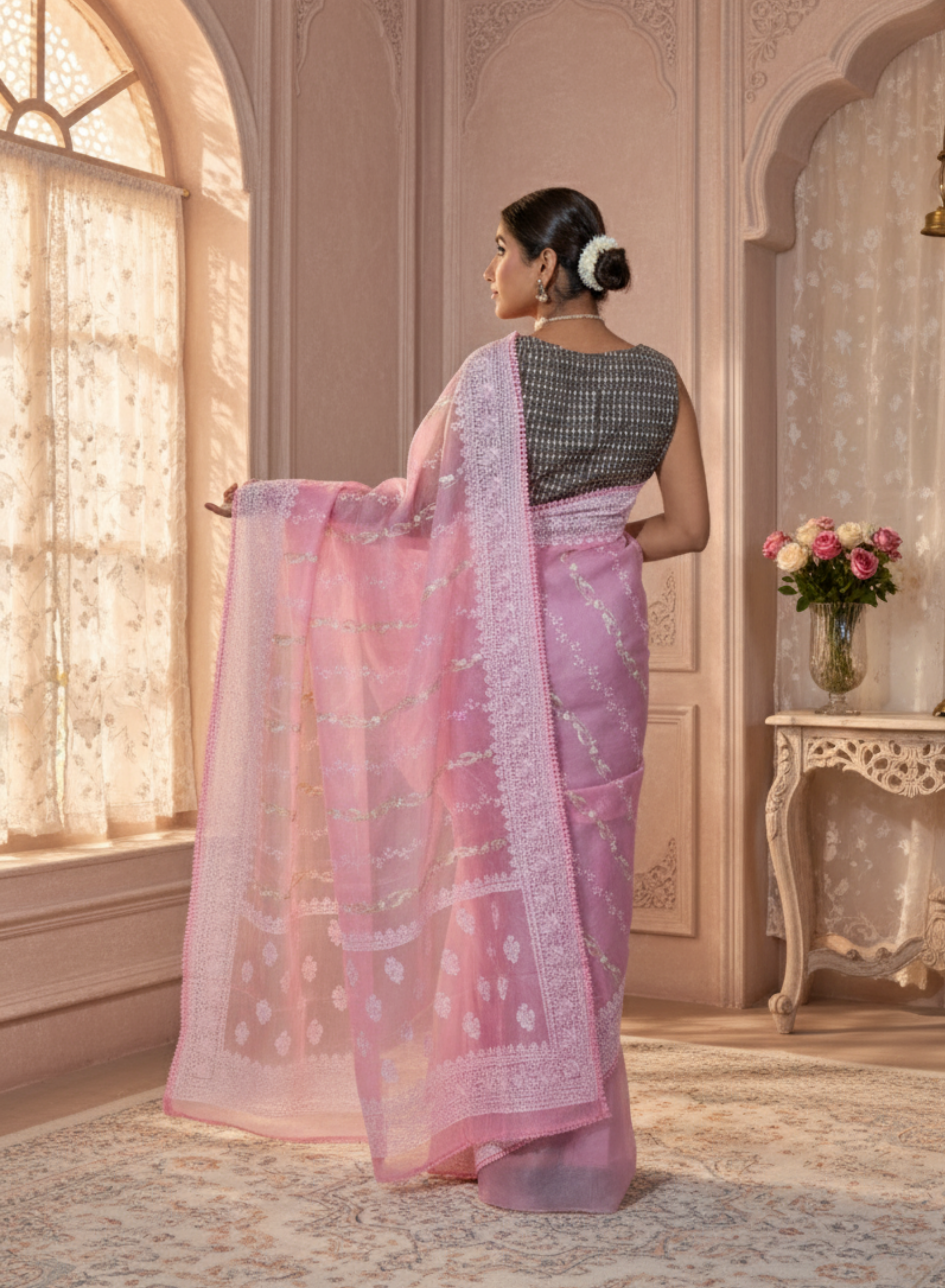 Delicate Pink Pure Organza Silk, Embroidered with White & Silver Thread, with the Lace Border