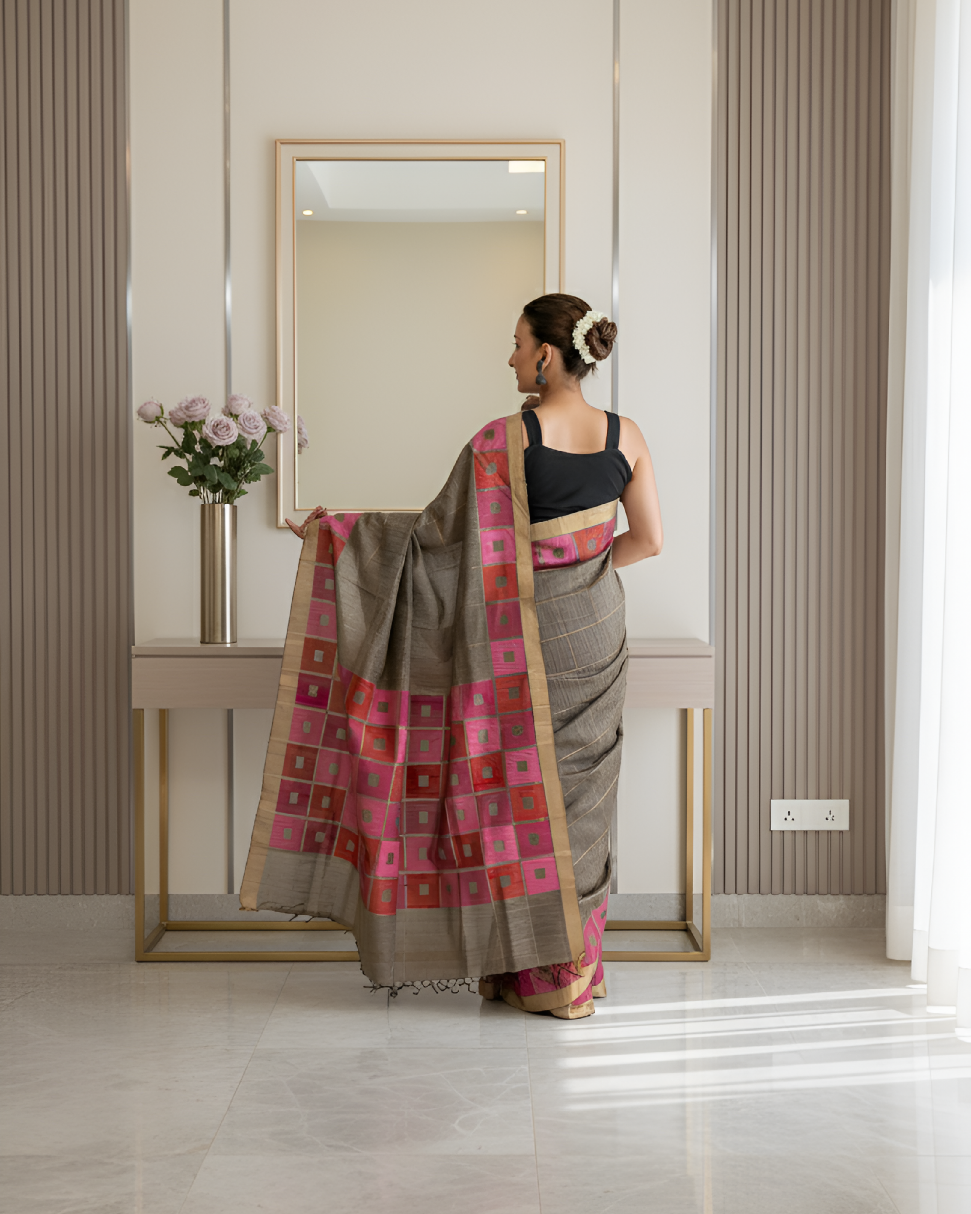Check Grey and Pink Tussar Silk Saree With Blouse Piece