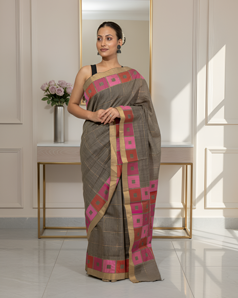 Check Grey and Pink Tussar Silk Saree With Blouse Piece