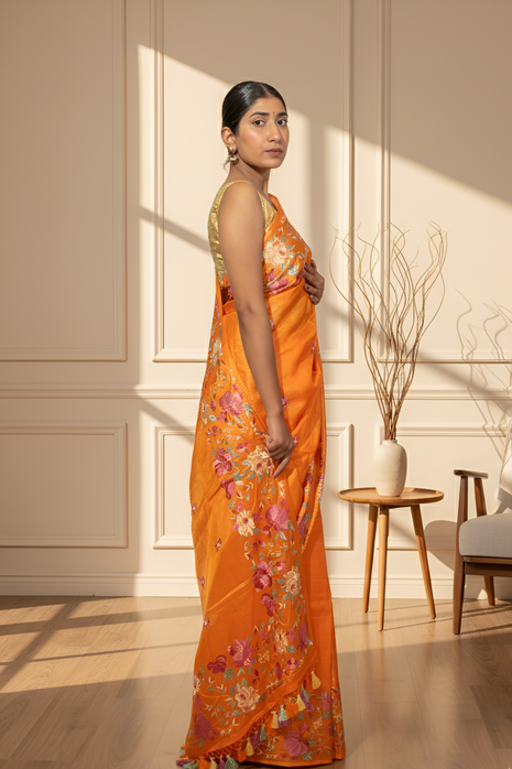 Beautiful Parsi Embroidery on Bright Orange Tussar Silk Saree With Blouse Piece