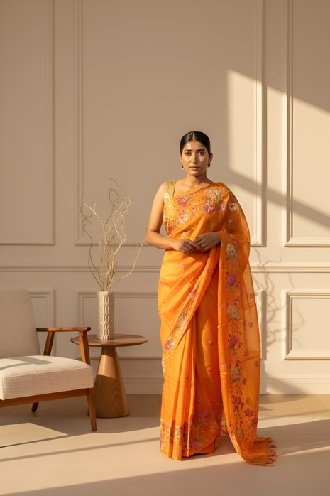 Beautiful Parsi Embroidery on Bright Orange Tussar Silk Saree With Blouse Piece