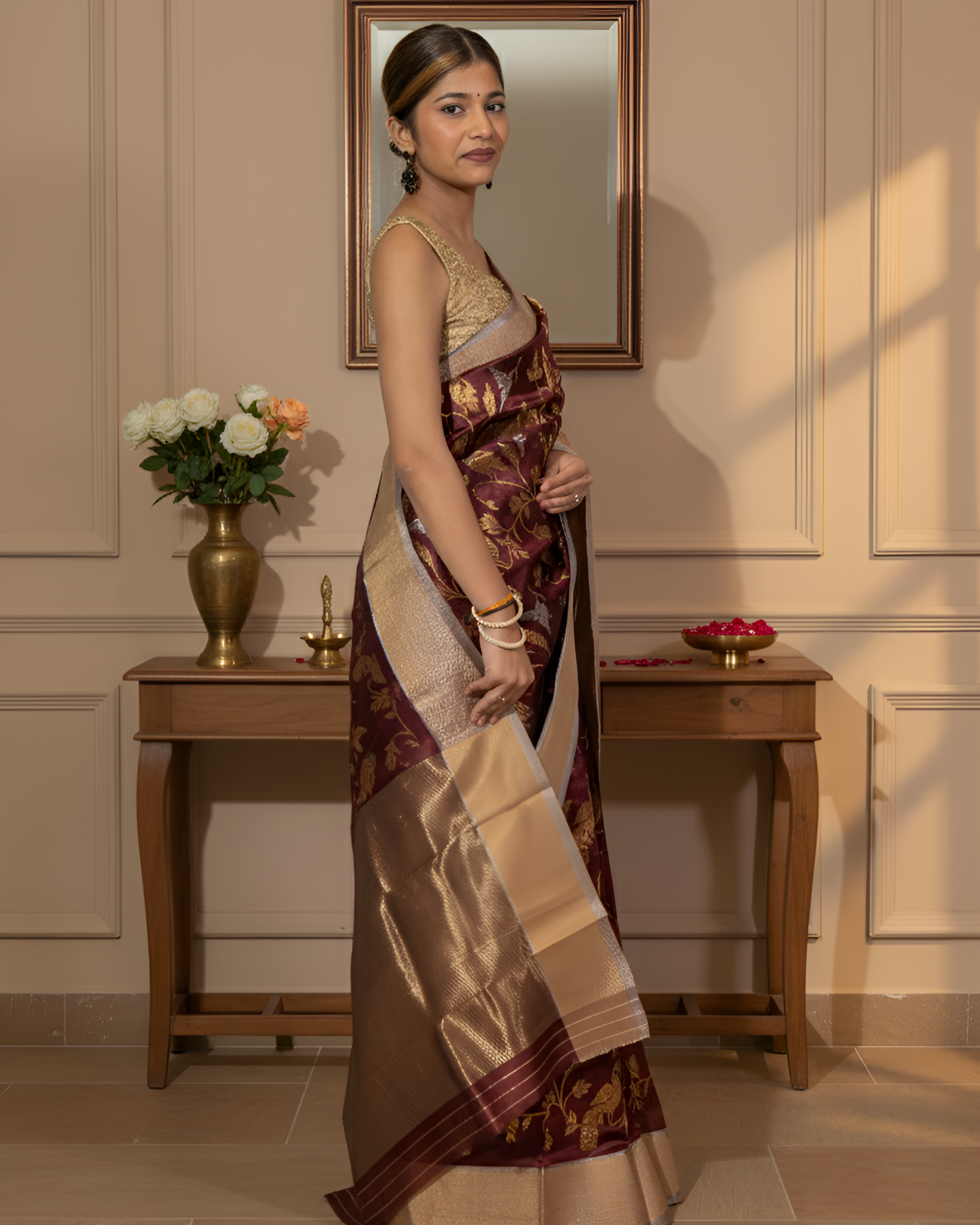 Coffee Maroon Chanderi Silk Saree with Peacock Jal Work With Blouse Piece