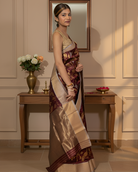 Coffee Maroon Chanderi Silk Saree with Peacock Jal Work With Blouse Piece