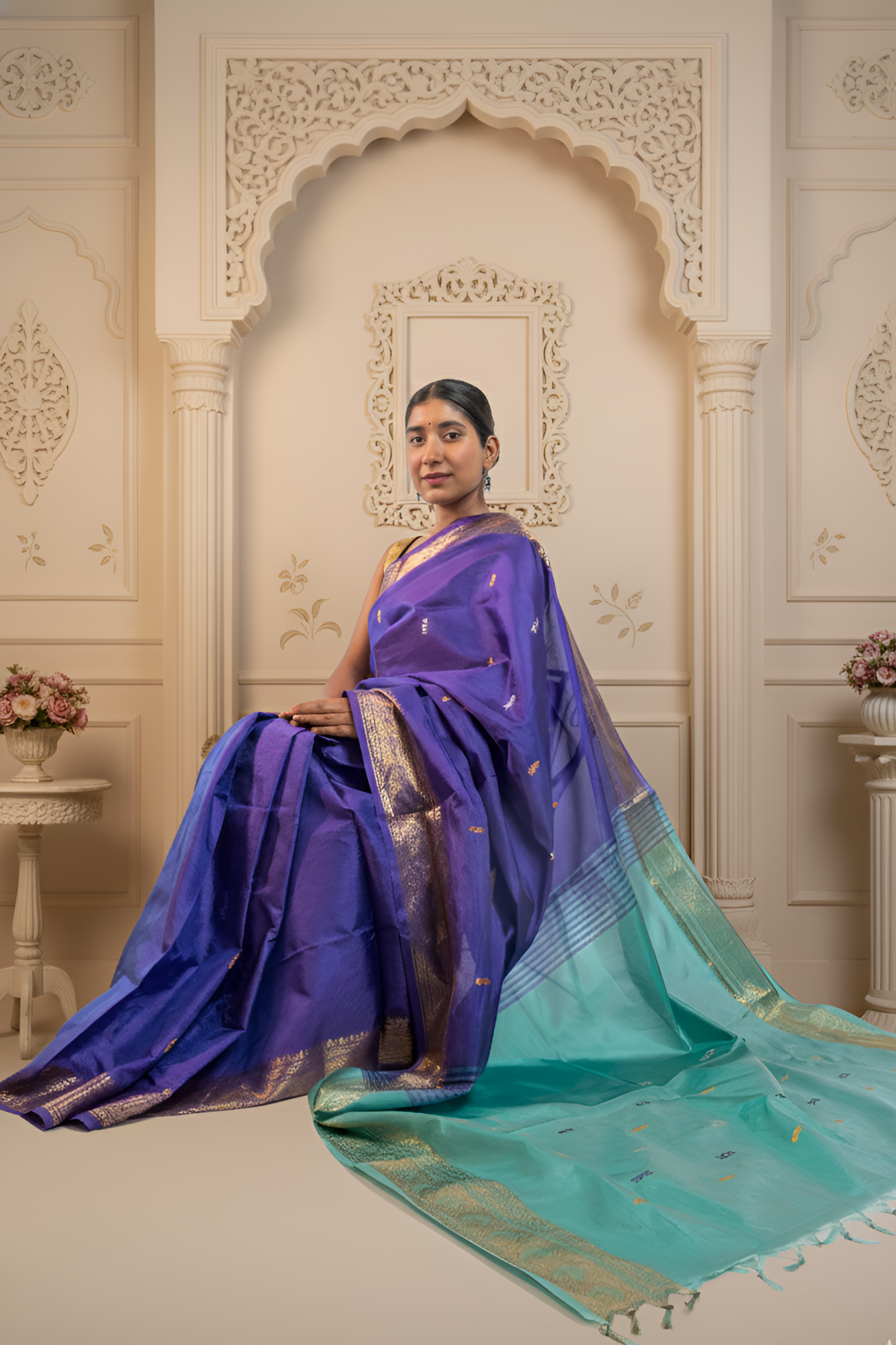 Purple Body & Sea Green Palla Banana Silk Saree with Zari With Blouse Piece
