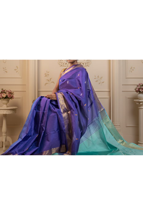 Purple Body & Sea Green Palla Banana Silk Saree with Zari With Blouse Piece